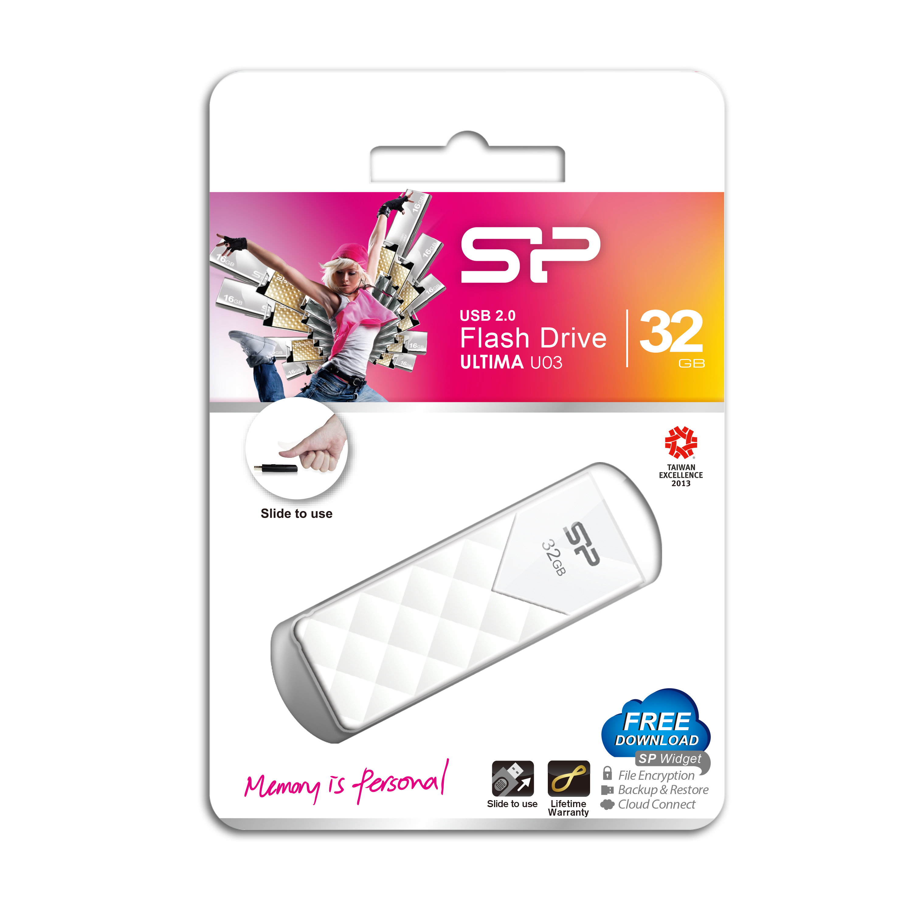 Confezione chiavetta USB SP con design a scorrimento e capacità di 32 GB.