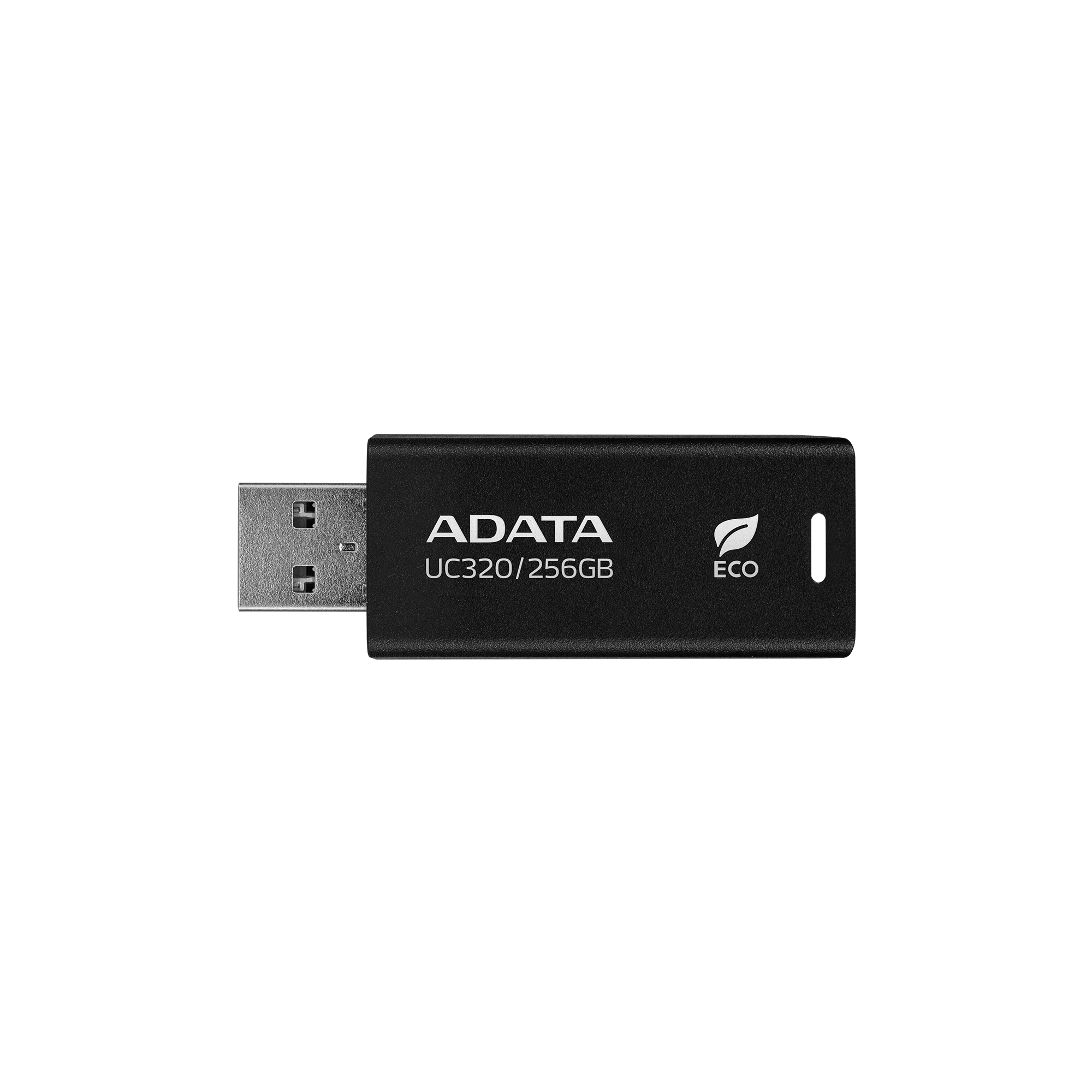 Czarna pamięć USB ADATA z logo ADATA i znakiem ECO, widok z góry.