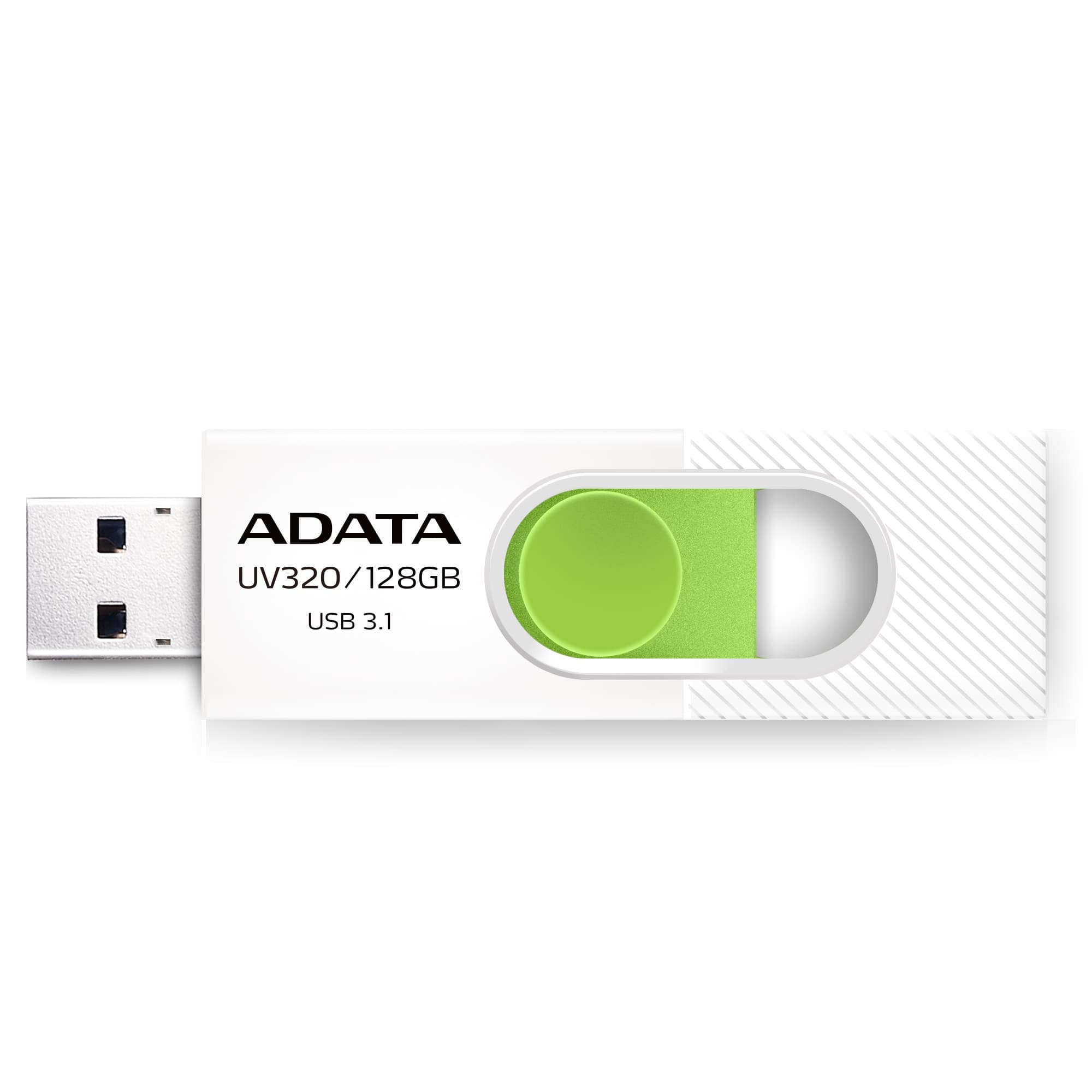 Dysk ADATA USB 3.1, z białą obudową i zielonym suwakiem.