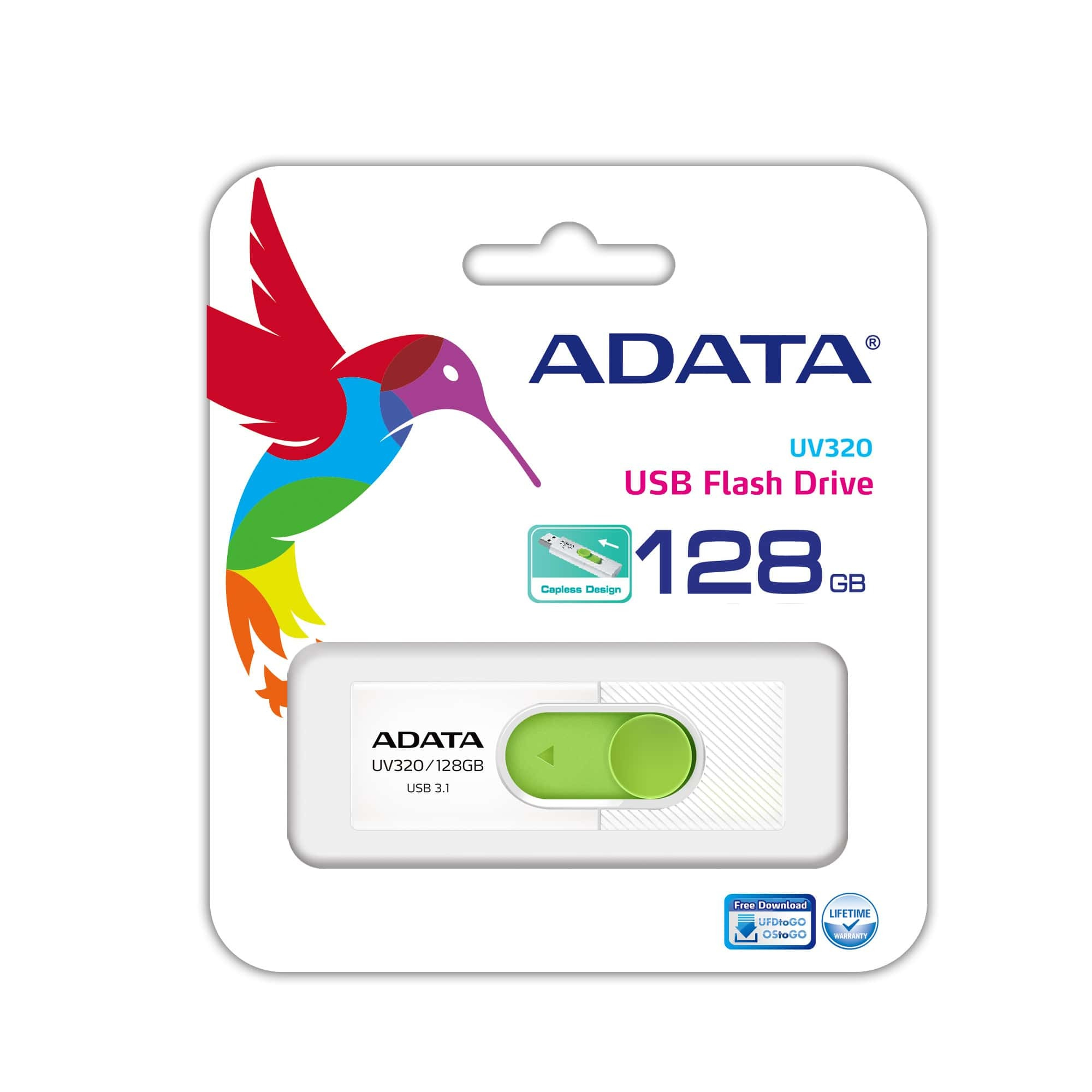 Białe opakowanie pendrive'a z etykietą ADATA UV320 USB Flash Drive 128GB. Posiada ilustrację kolibra.