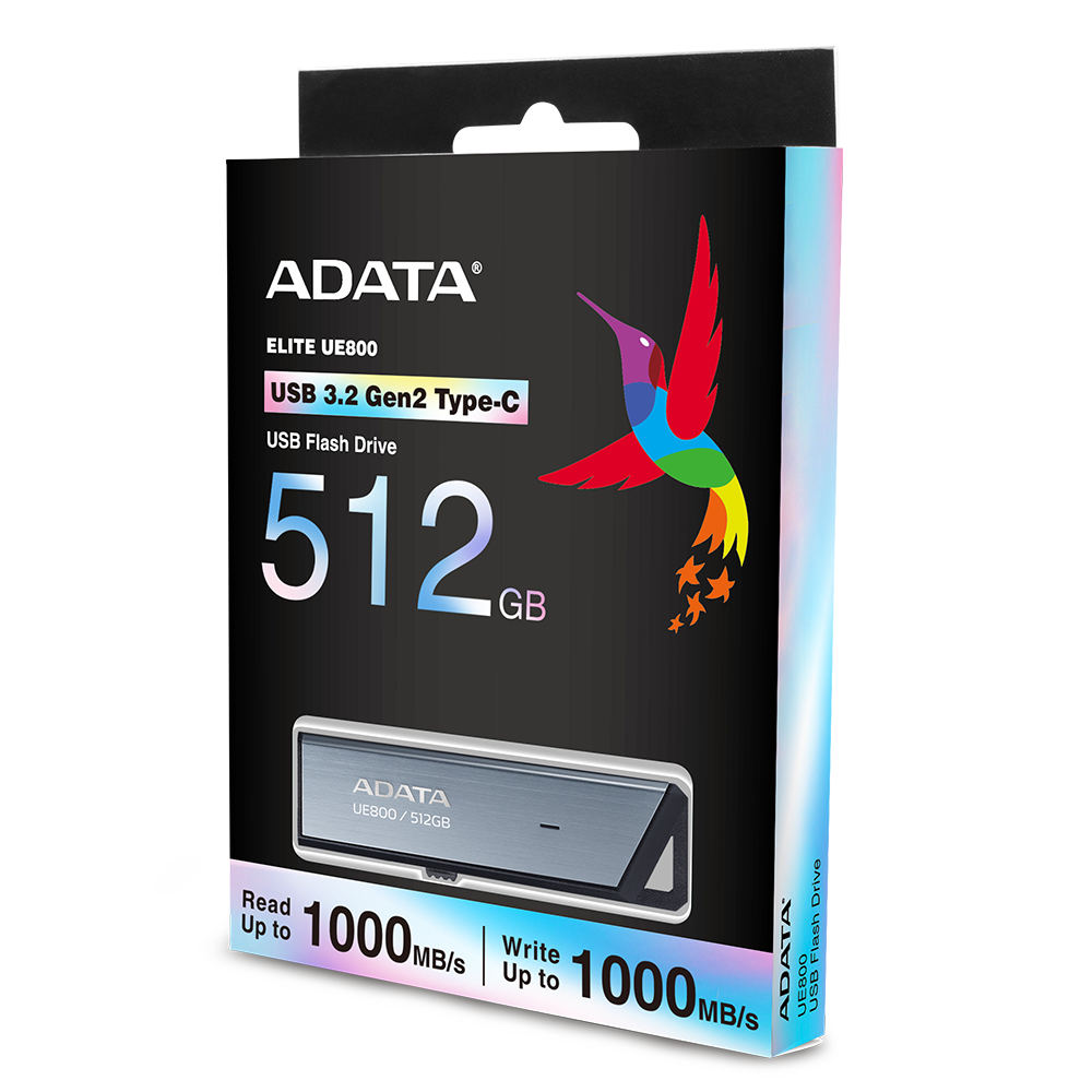 Eine rechteckige Box mit dem ADATA-Logo und einer bunten Kolibri-Grafik. Es steht "512 GB" und "USB 3.2 Gen2 Type-C" drauf.