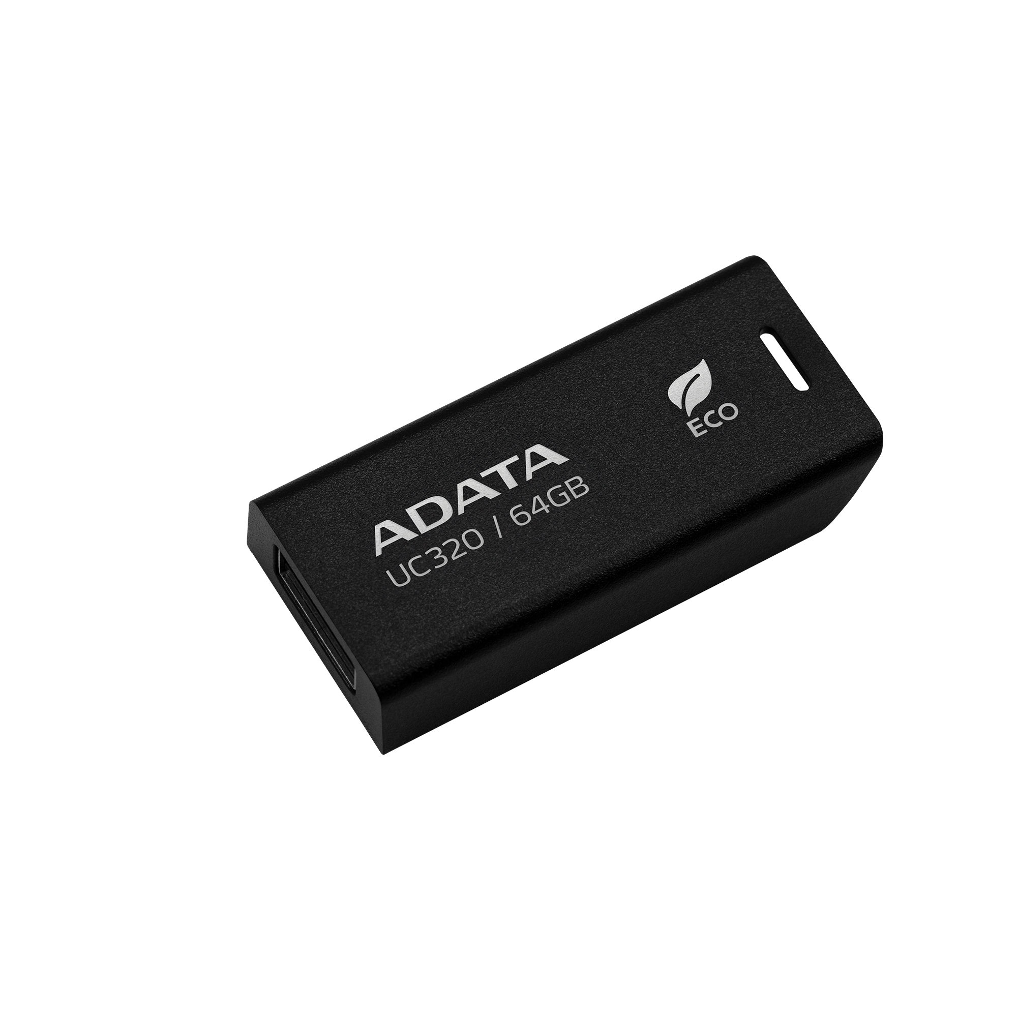 Czarny pendrive ADATA z białym tekstem, 64 GB. Logo Eco i białe tło.