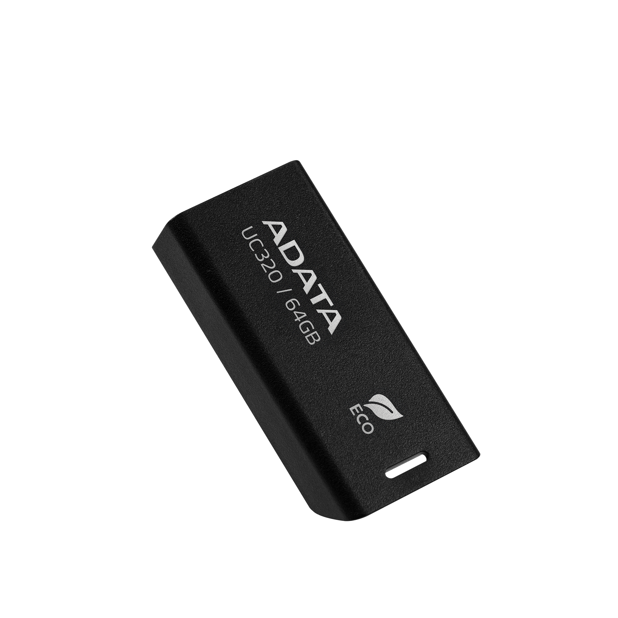 Czarny pendrive USB z logo ADATA i etykietą ekologiczną.