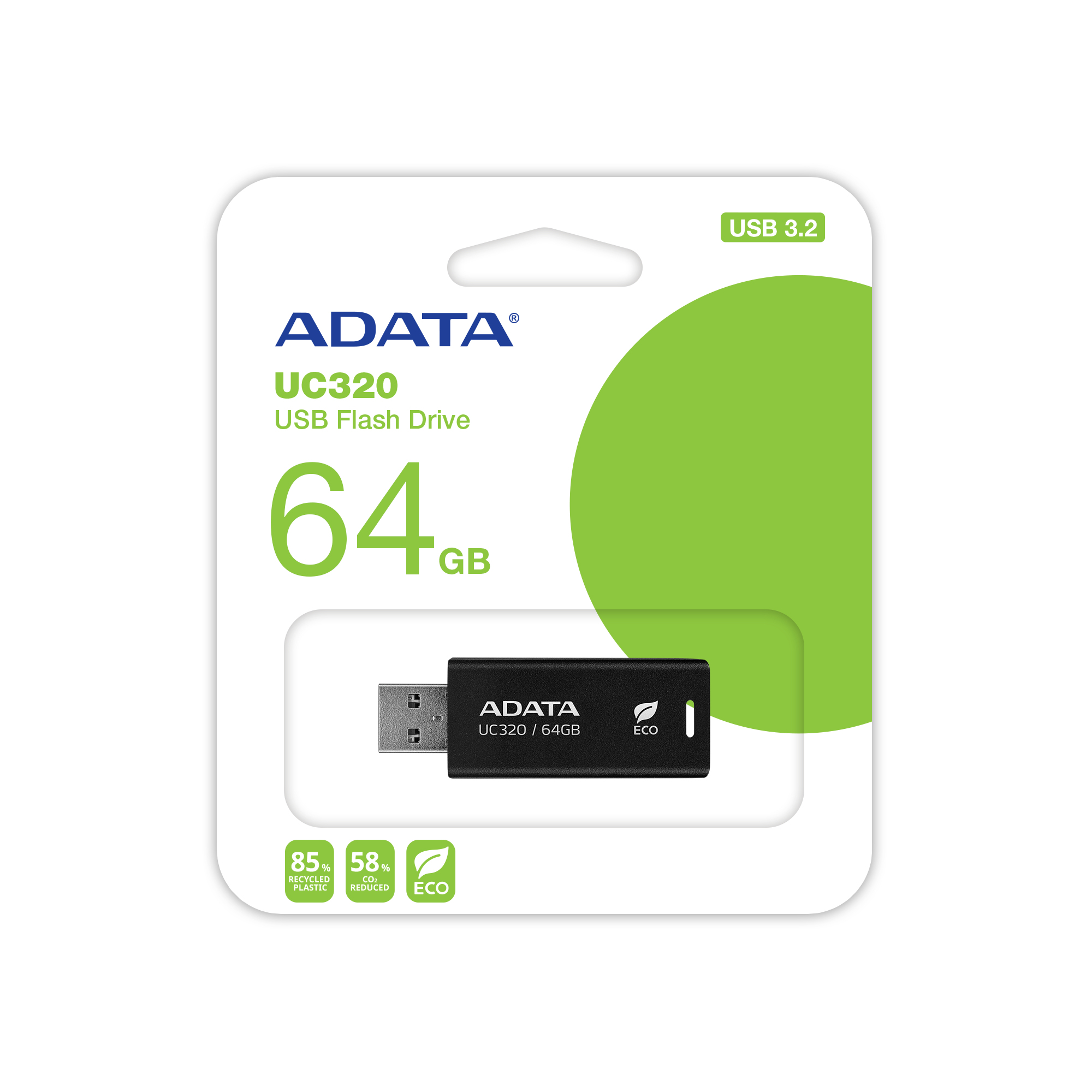 Opakowanie pendrive'a ADATA. Białe z zielonymi akcentami. 64 GB.