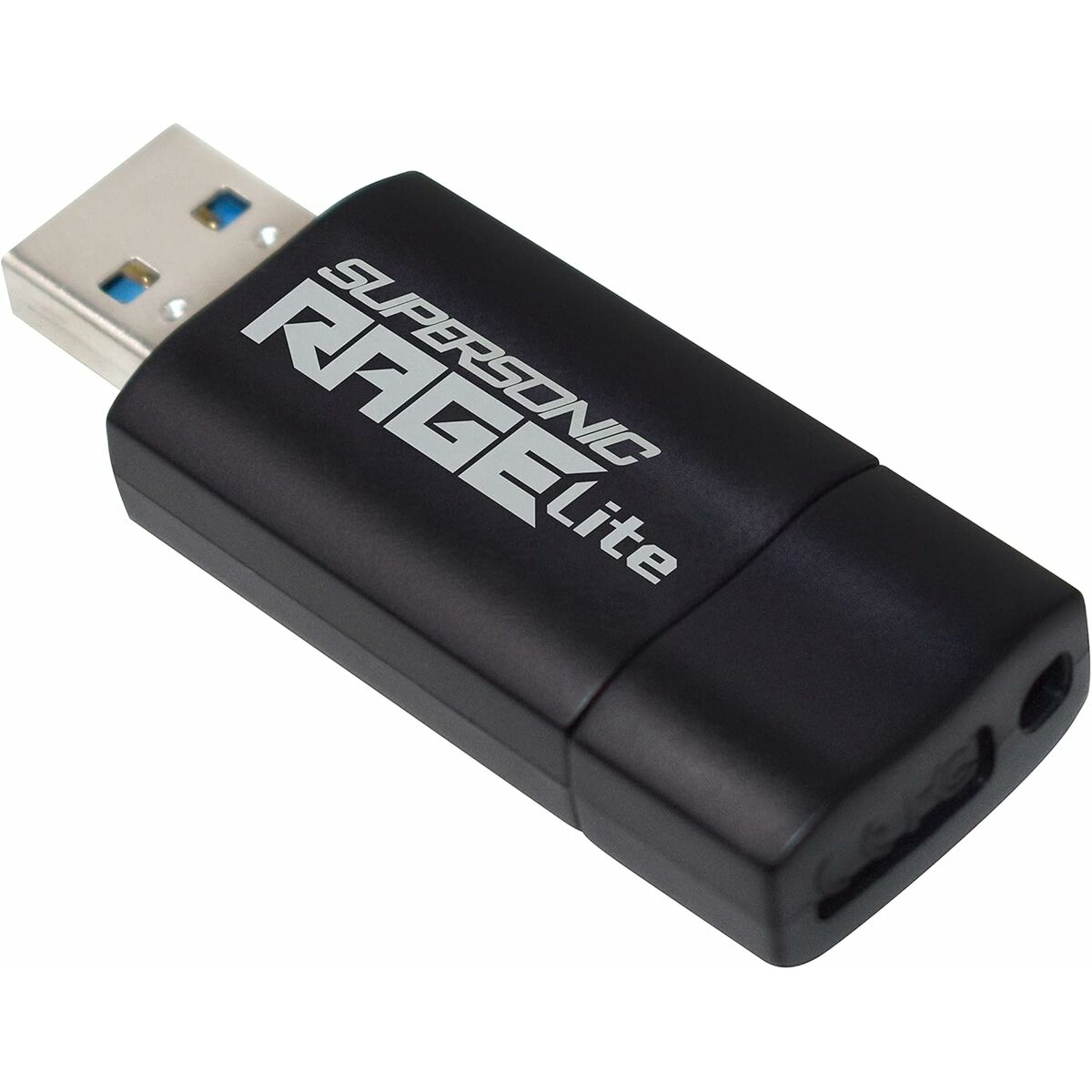 Czarny pendrive Supersonic Rage Lite ze srebrnym logo i niebieskim złączem USB.