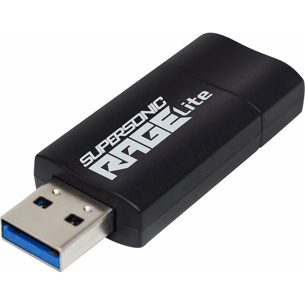 Czarny pendrive z białym tekstem: SUPERSONIC, RAGE Lite. Niebieskie złącze USB.