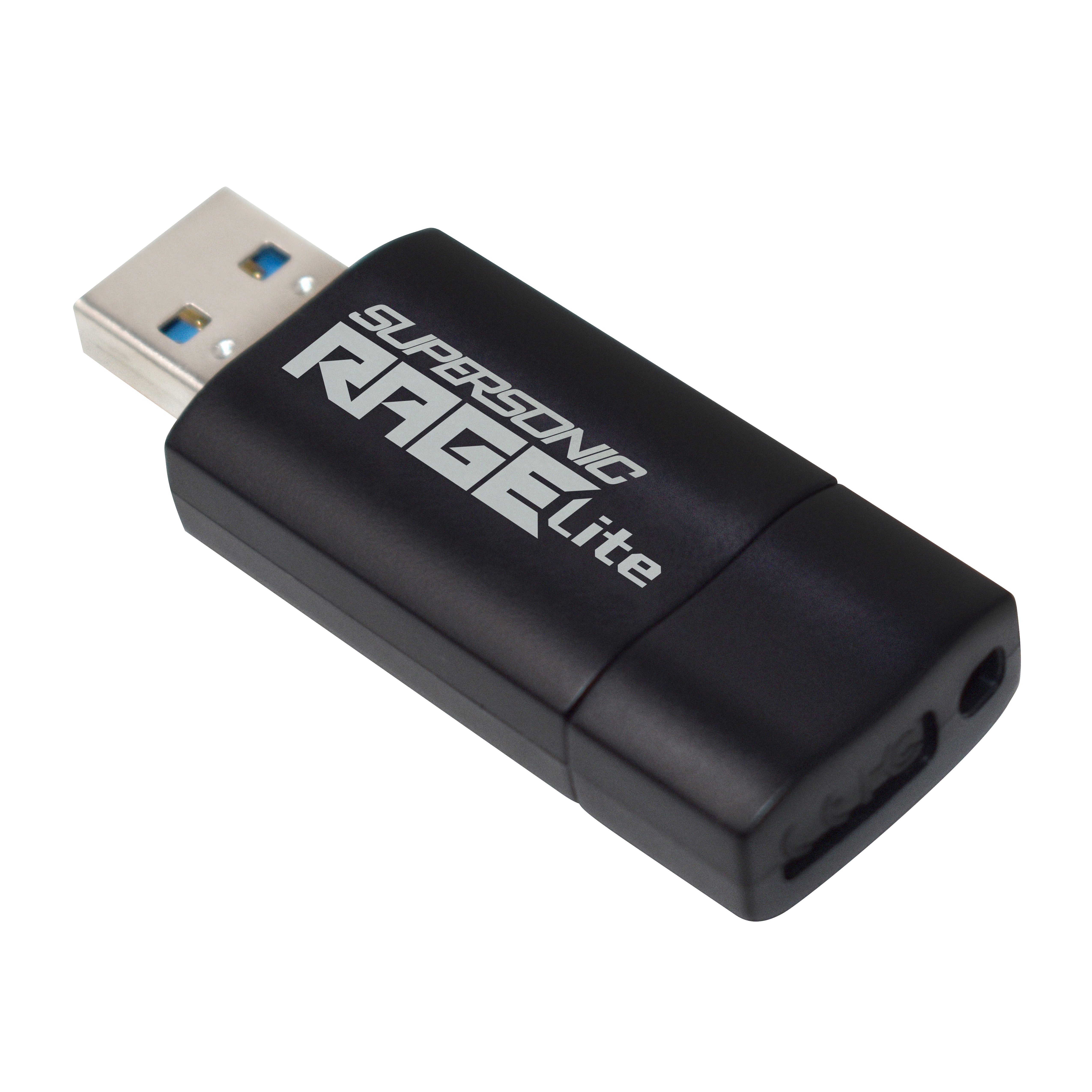 Czarny pendrive z białym tekstem: SUPERSONIC, RAGE Lite. Niebieskie złącze USB.