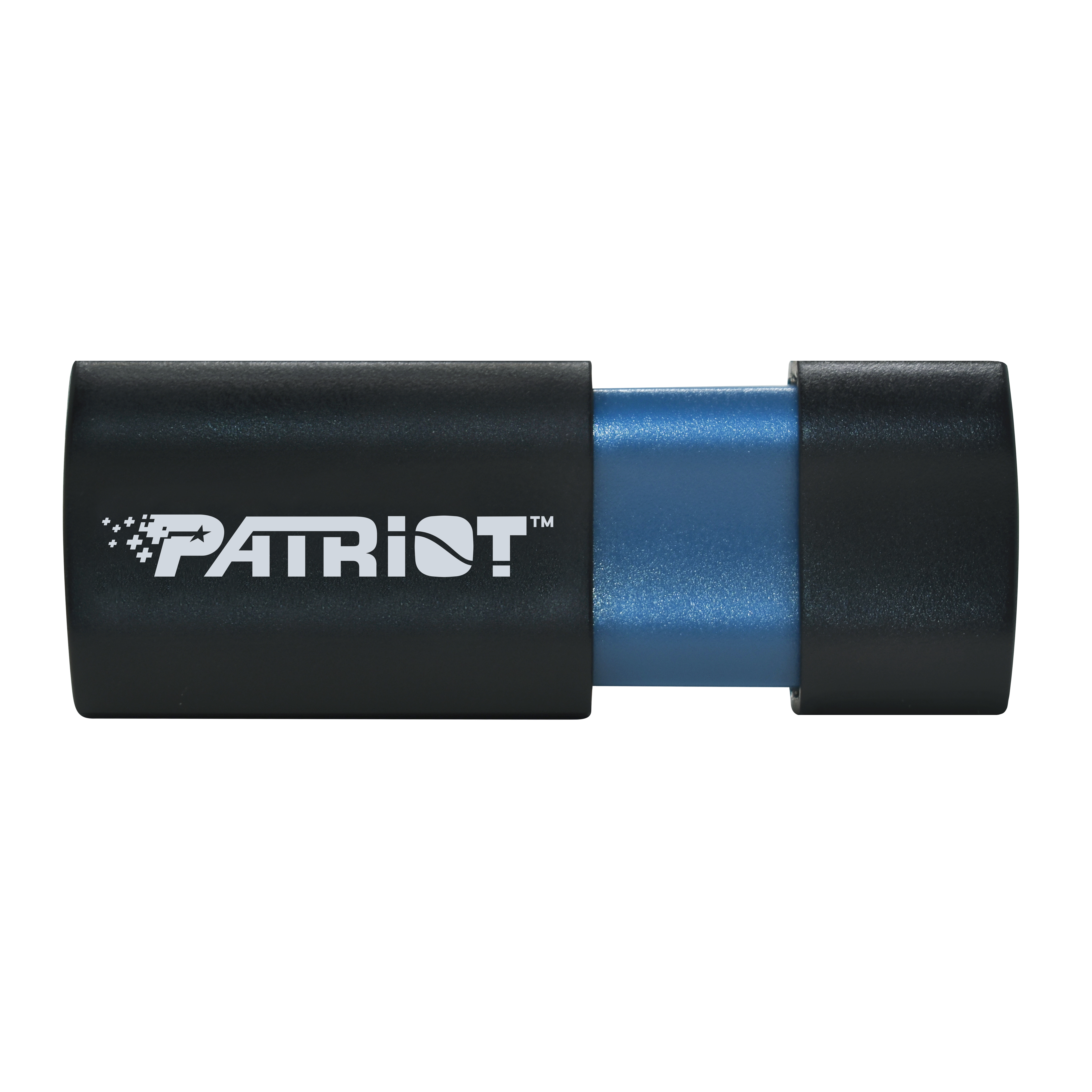 Czarno-niebieski pendrive Patriot. Logo Patriot z boku.