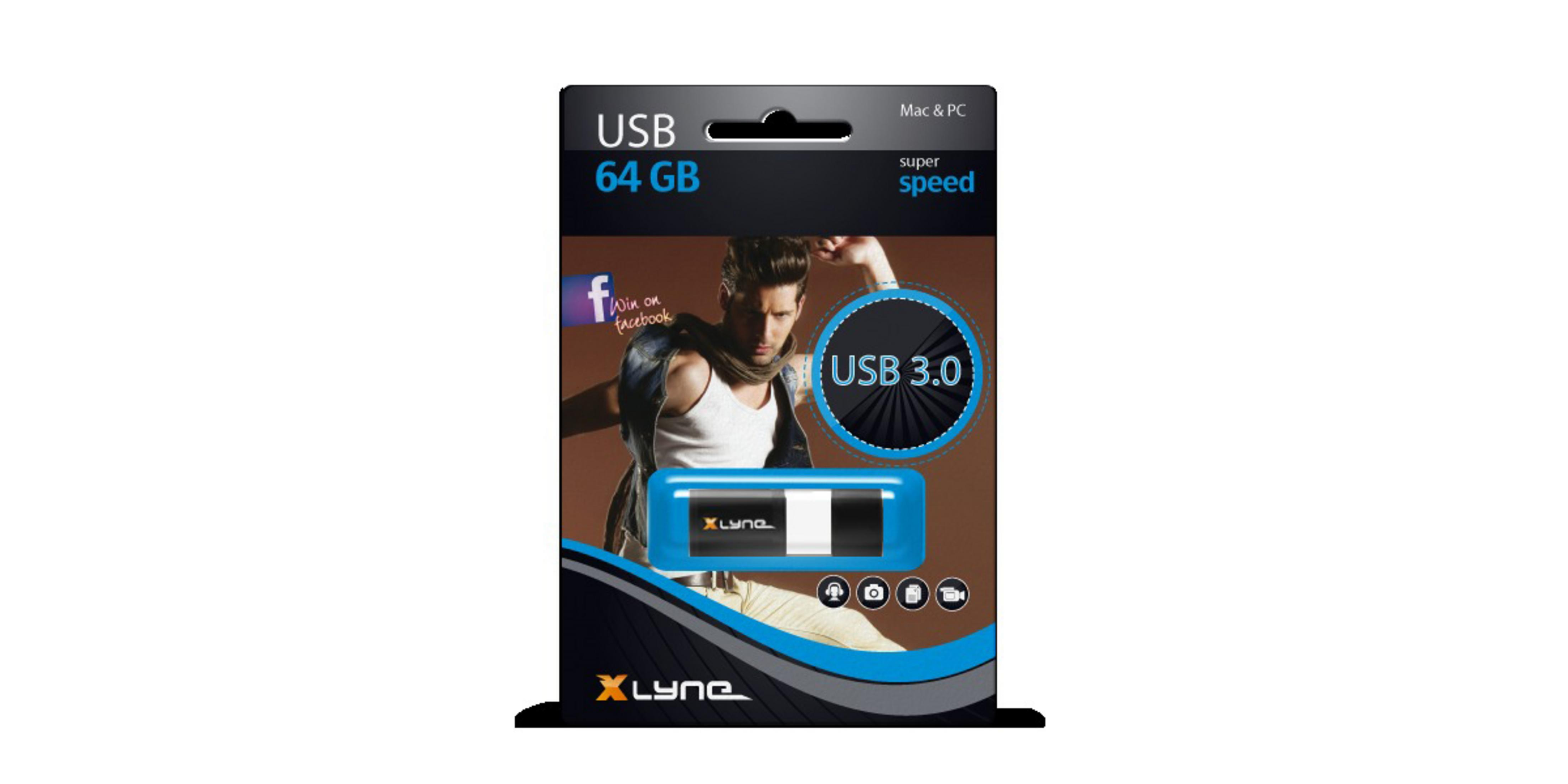 Confezione chiavetta USB Lynk. Un modello è sulla confezione.
