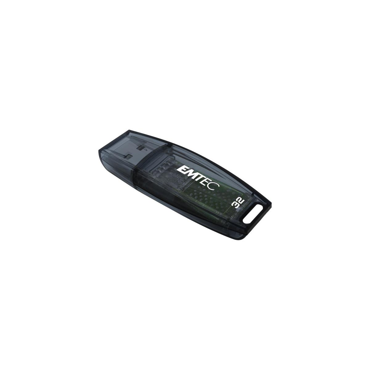 Czarny pendrive Emtec 32GB, przezroczysta obudowa, widok z góry na białym tle.