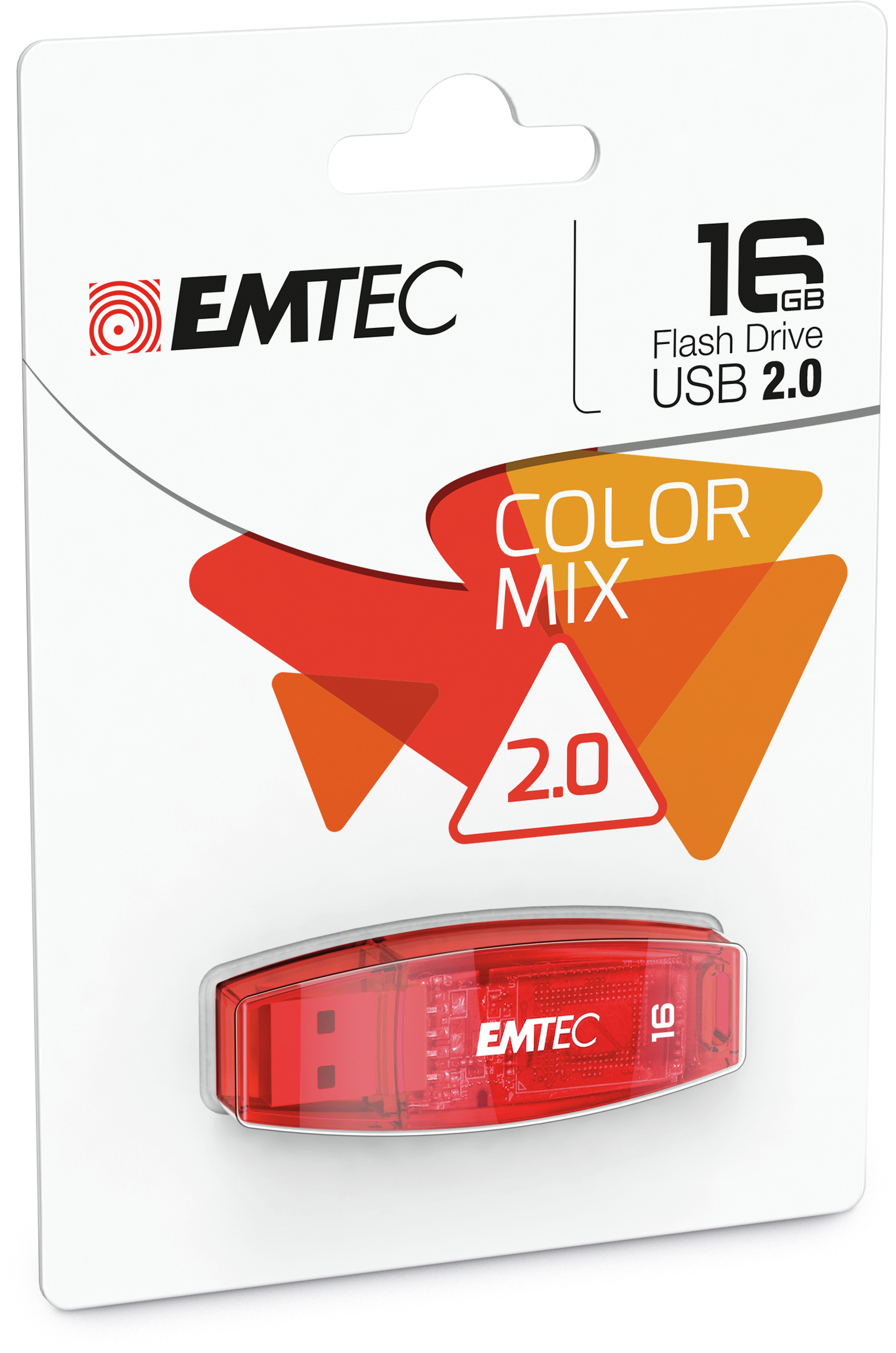 Chiavetta USB rossa in confezione con sfondo bianco. Marchio EMTEC e chiavetta USB da 16GB visibili.
