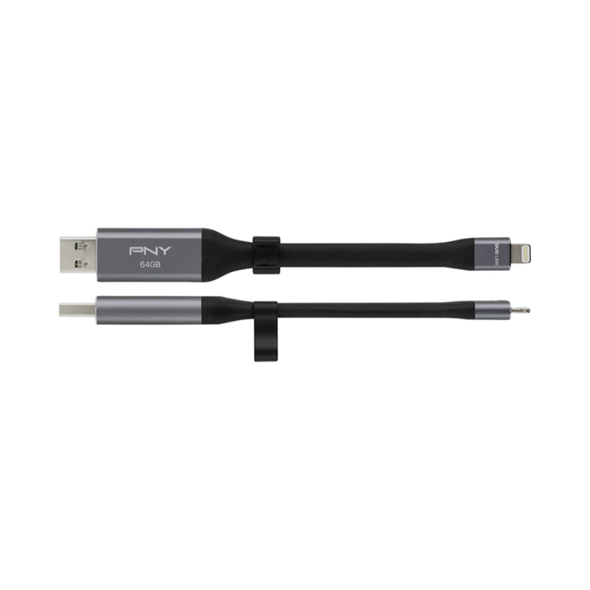 Cavo USB PNY grigio da 64 GB con connettori USB e Lightning.