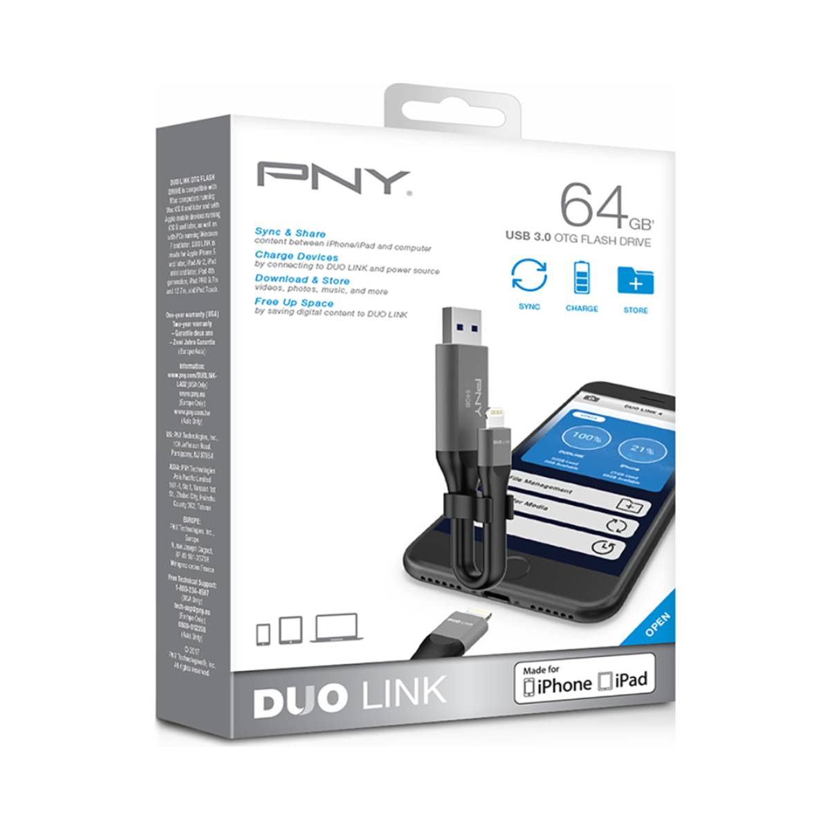 Confezione di chiavetta USB 3.0 OTG PNY Duo Link da 64 GB. Include chiavetta USB e telefono che mostra contenuti.