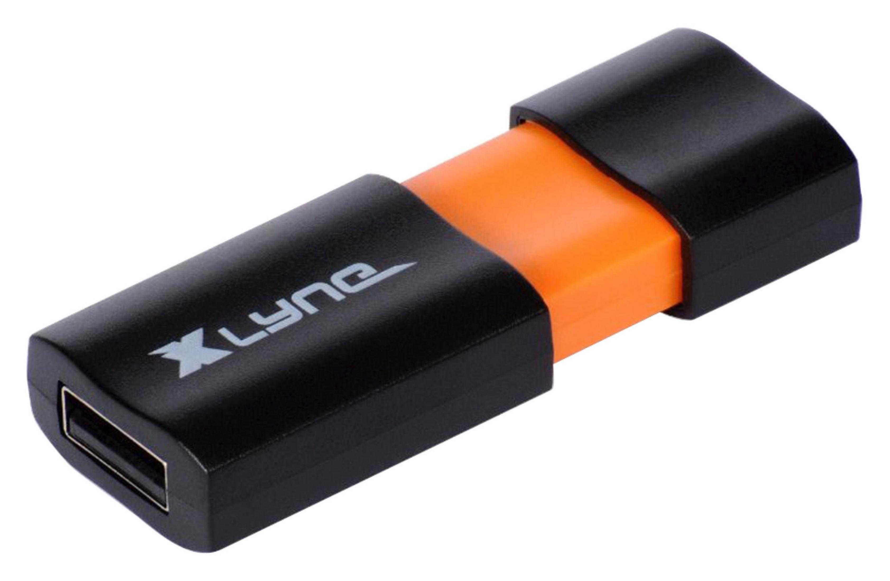 Czarny i pomarańczowy pendrive. Logo X Lync. Białe tło.