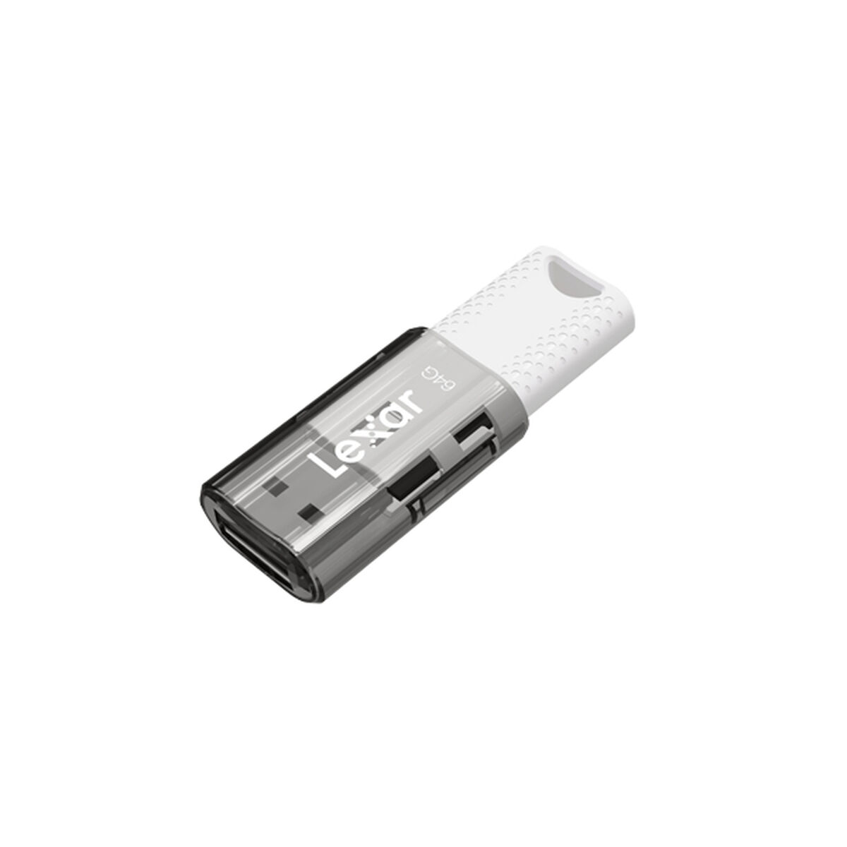 Chiavetta USB Lexar da 64 GB, argento e bianca, angolata su sfondo bianco.