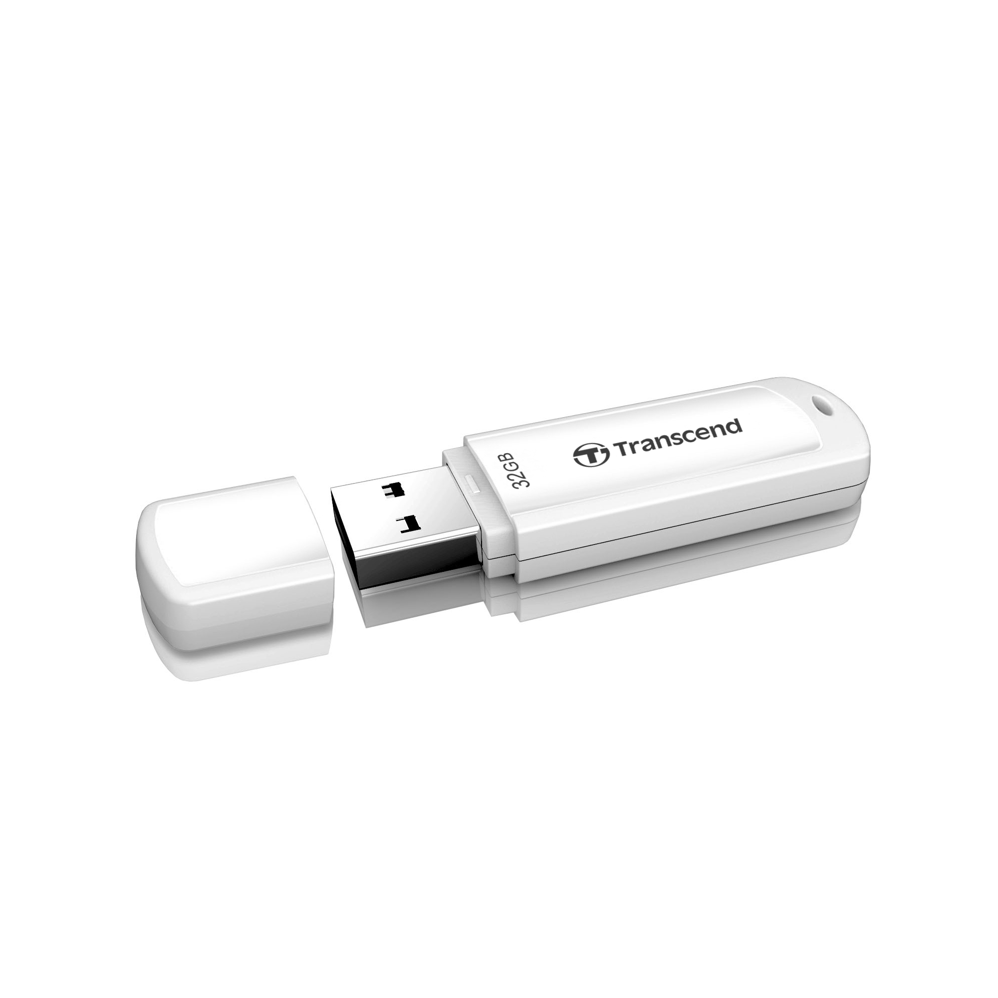 Biały pendrive z otwartą nasadką. Marka 'Transcend' jest napisana.