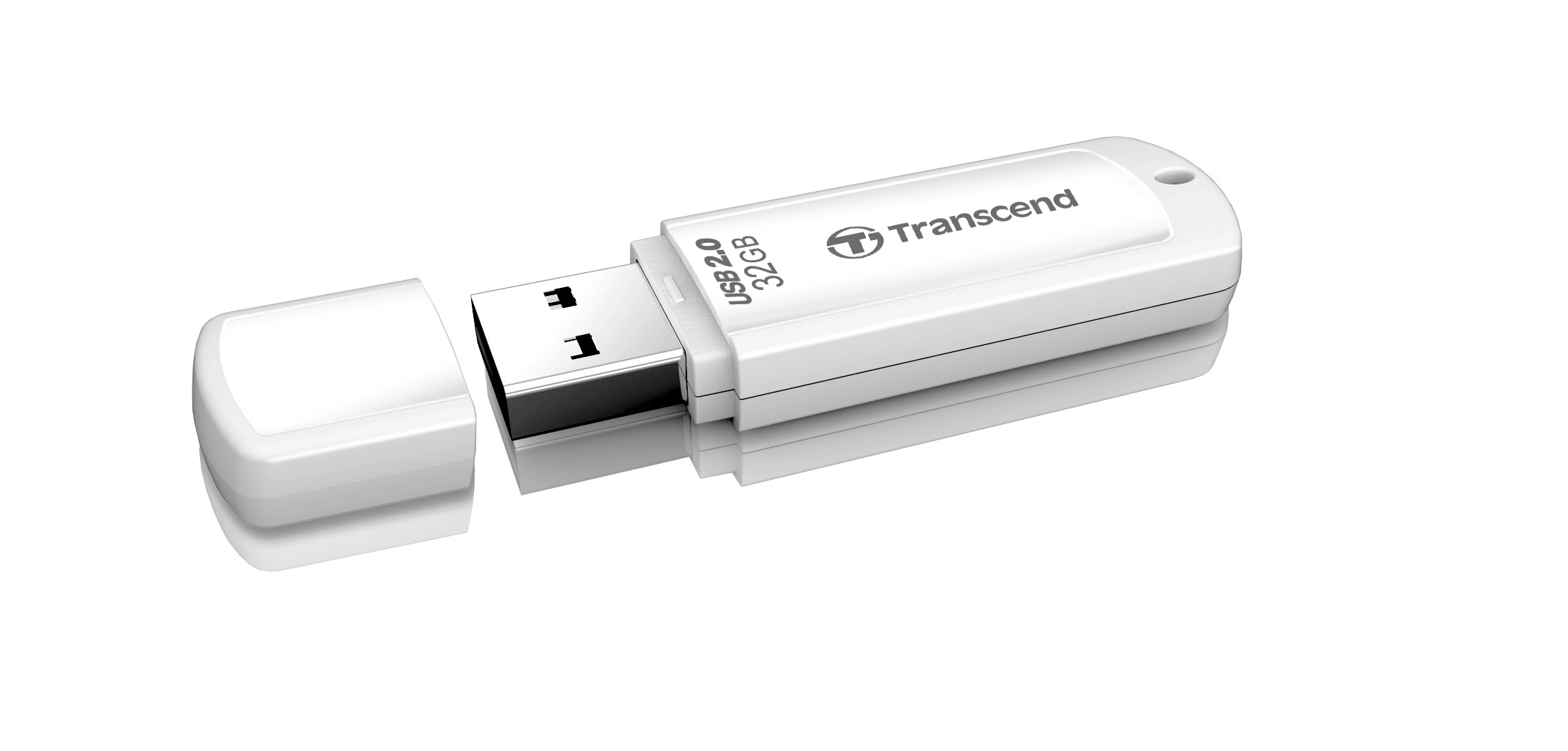Witte Transcend USB-stick met 32 GB capaciteit en een witte dop.