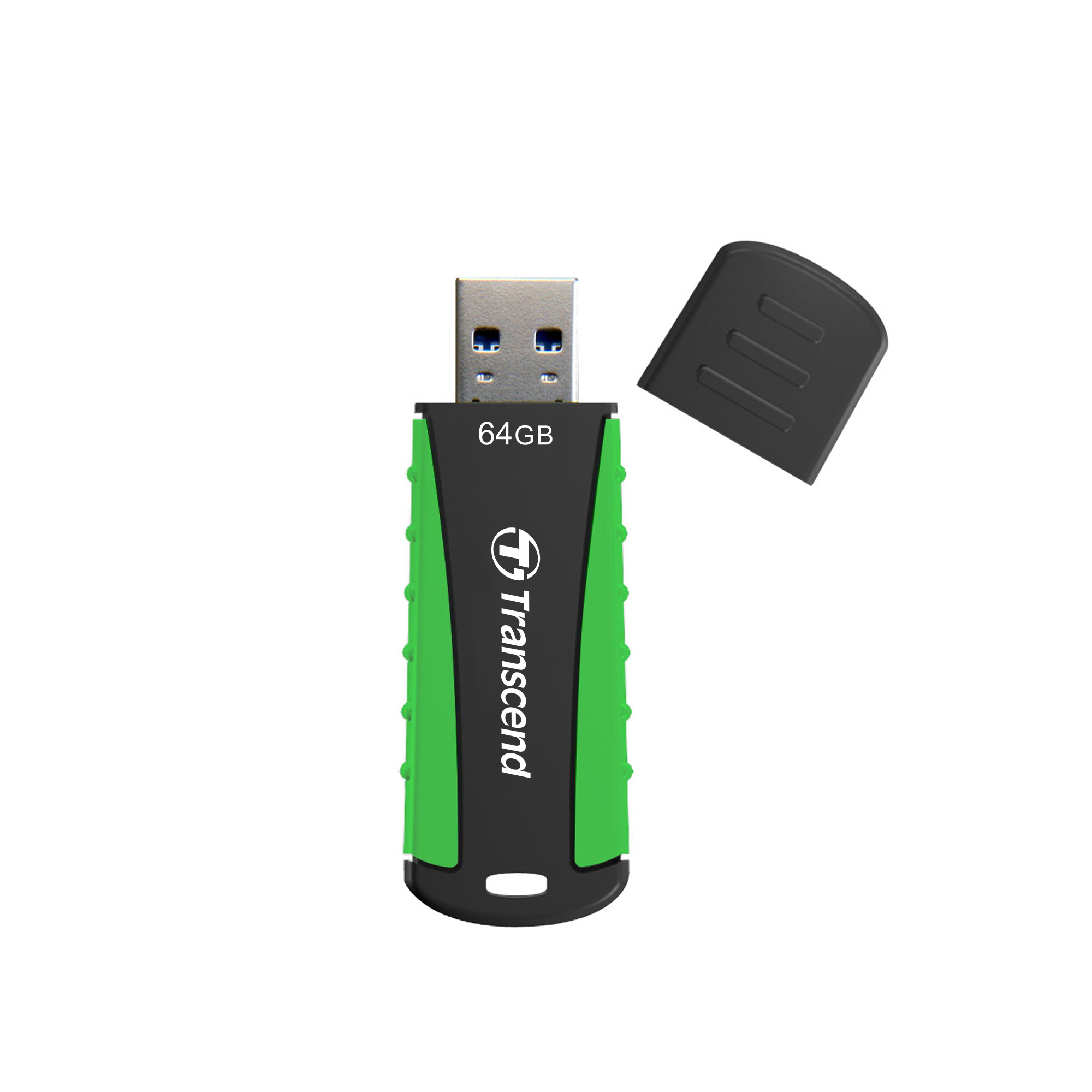 Zielono-czarna pamięć USB Transcend z otwartą nakrętką, '64GB'.