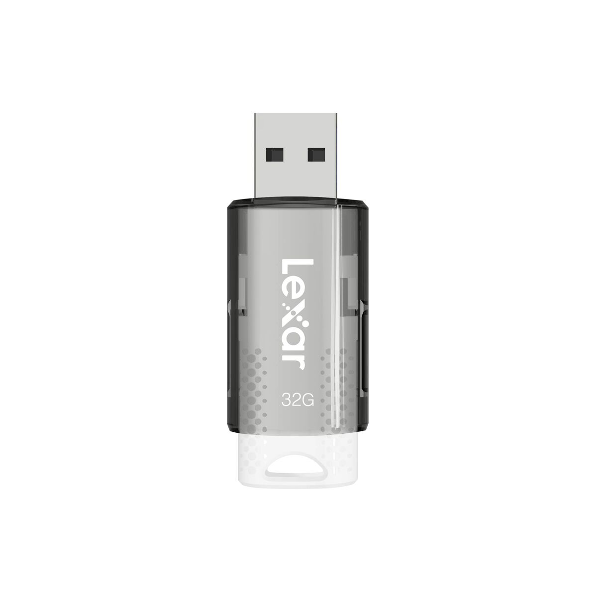Pendrive Lexar 32GB, przezroczysty i szary. Białe tło.