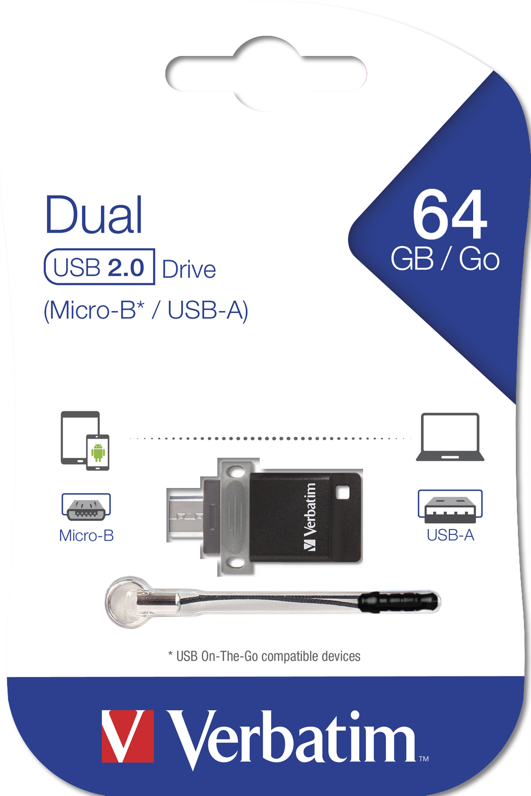 Opakowanie Verbatim Dual USB 2.0 Drive z pendrivem, białe tło.