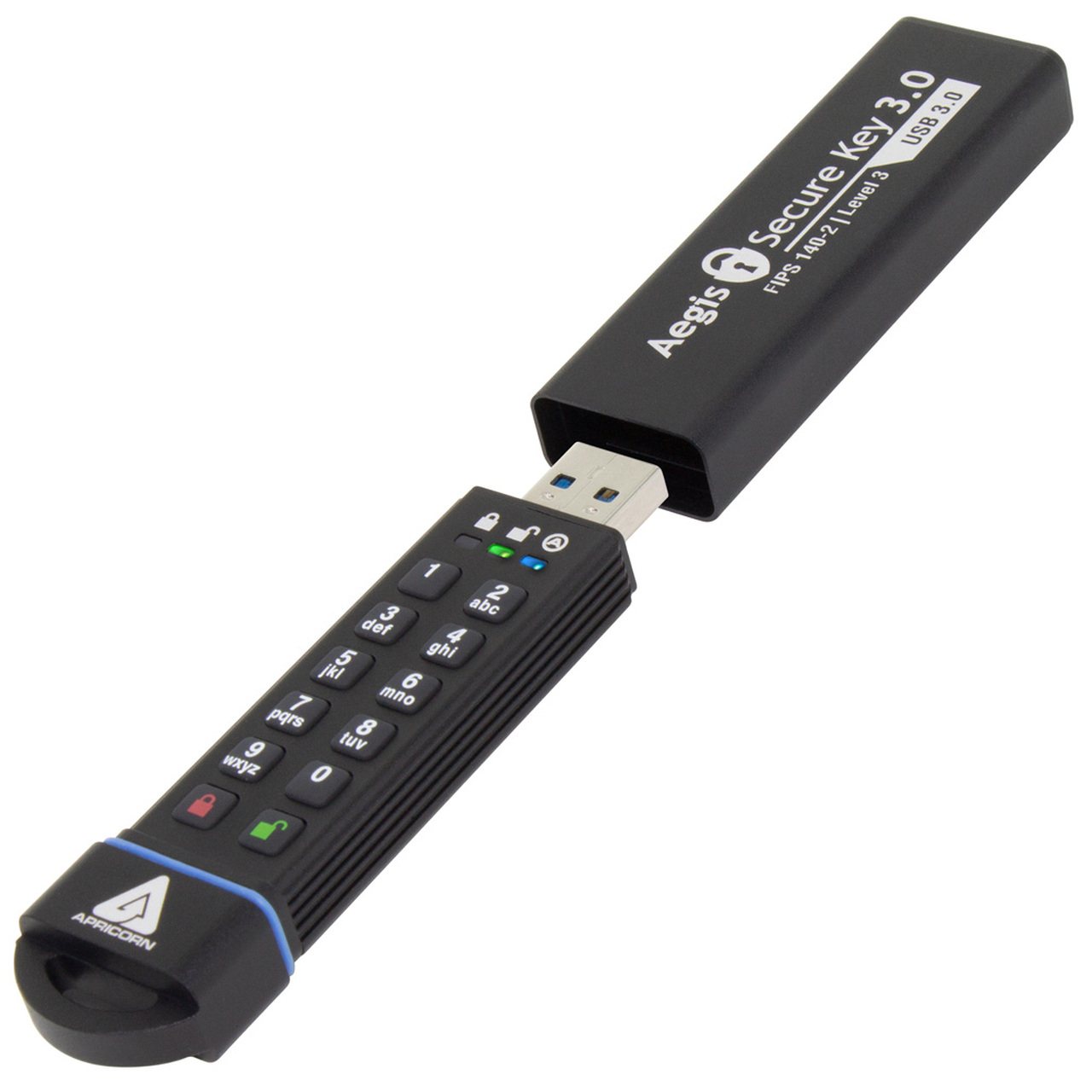 Schwarzer Apricorn Aegis Secure Key 3.0 USB mit Tastatur.