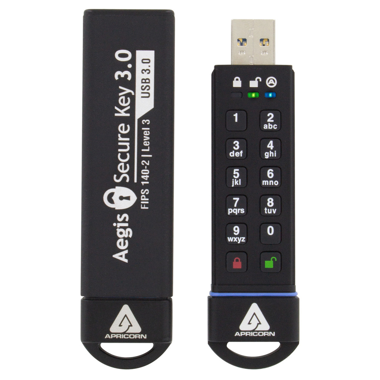 Schwarzer Aegis Secure Key 3.0 USB-Stick mit Tastatur. Enthält schwarzen und weißen Text.