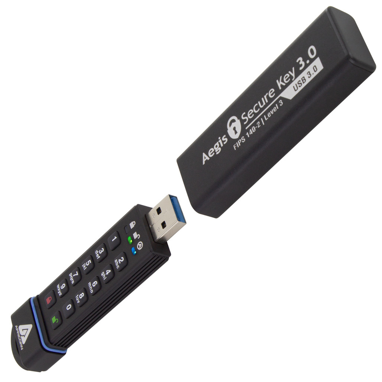 Schwarzer und grauer Aegis Secure Key 3.0 USB-Stick mit abgenommenem Deckel, mit Tastatur und USB-Anschluss.