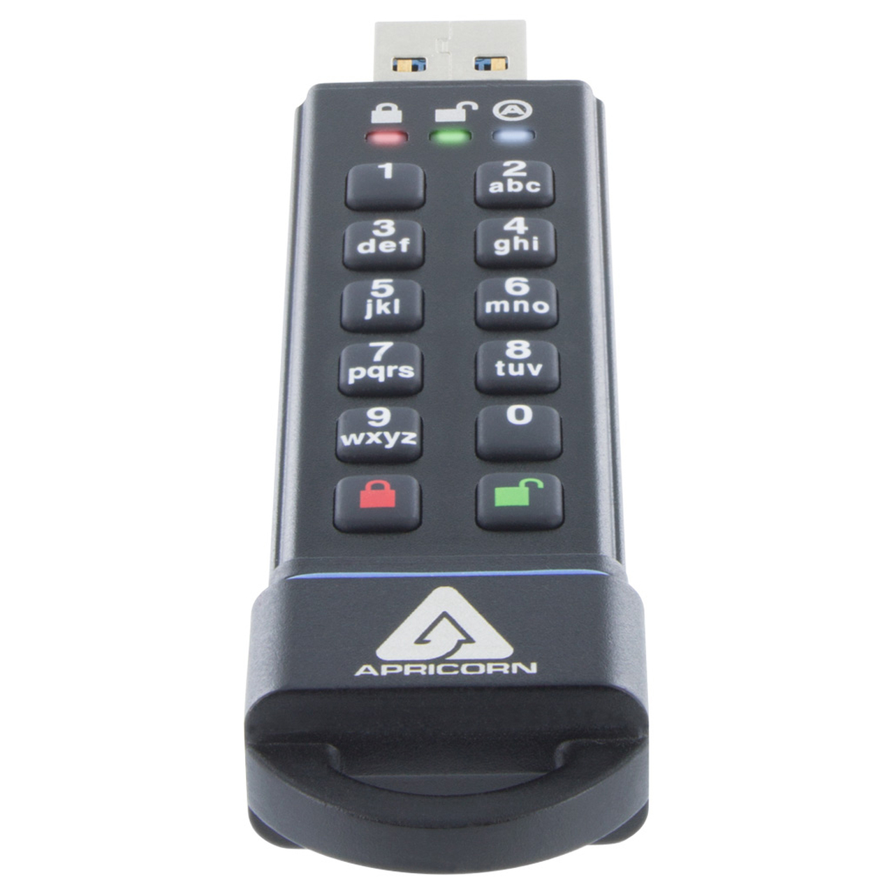 Schwarzer USB-Stick mit Zifferntasten. Marke Apricorn. Silberner USB-Anschluss. Rote und grüne Lichter sichtbar.