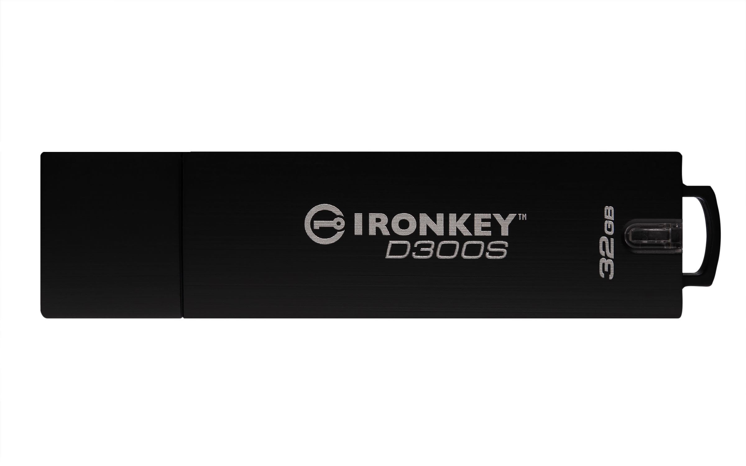 Un'unità USB IronKey D300S 32GB nera su sfondo bianco, con il nome del marchio.