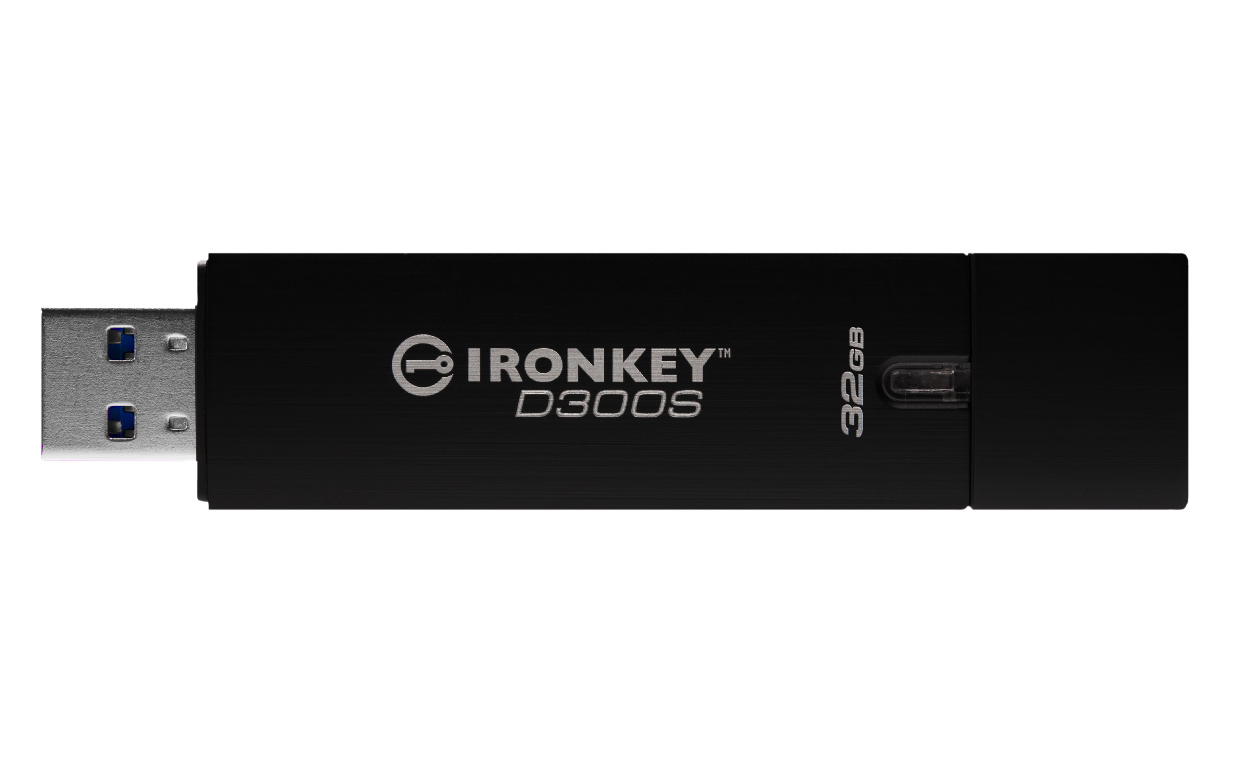 Chiavetta USB Ironkey nera, 32GB. Connettore USB a sinistra.