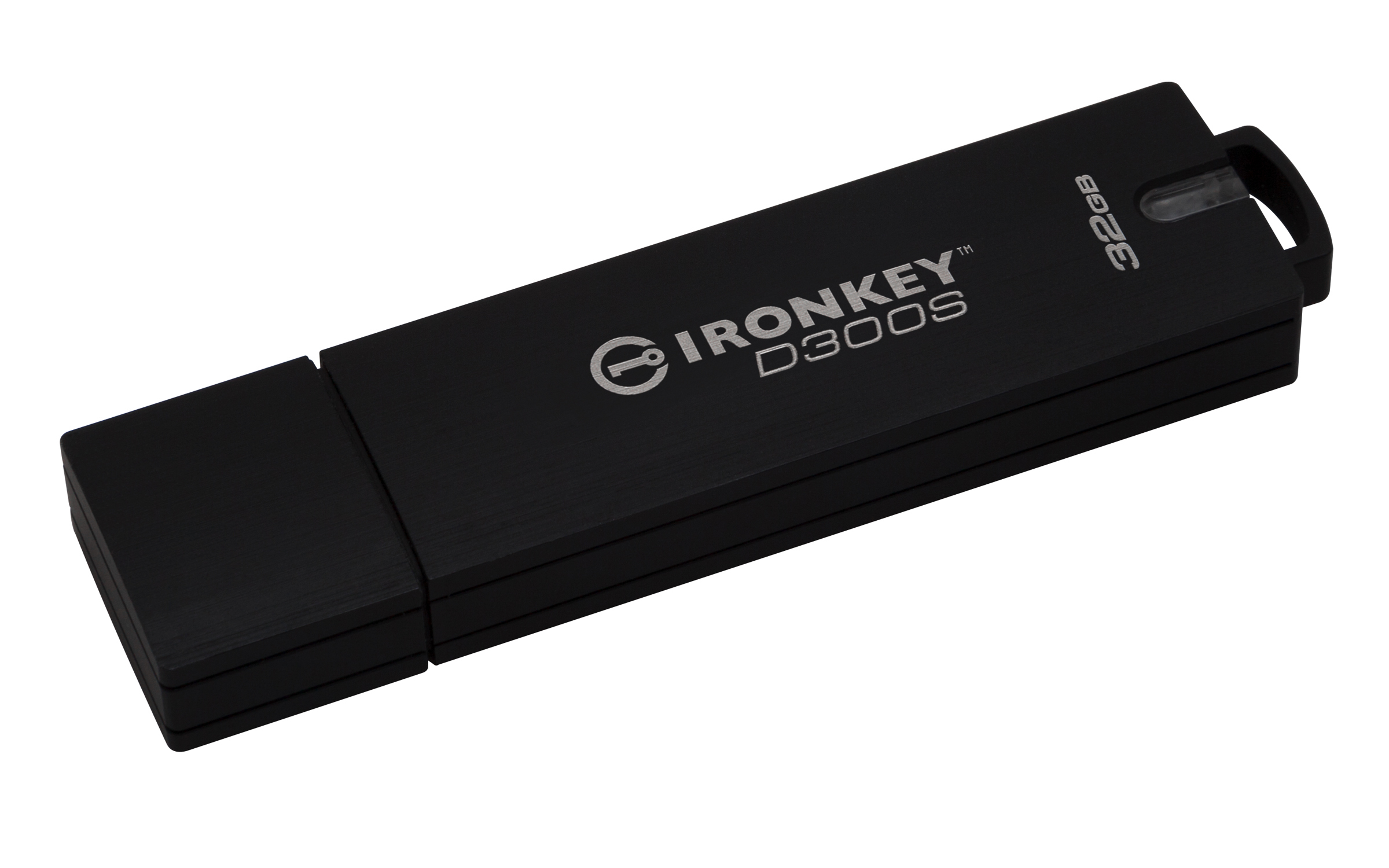 Unità USB 'IRONKEY D300S' nera, 32GB, su sfondo bianco.
