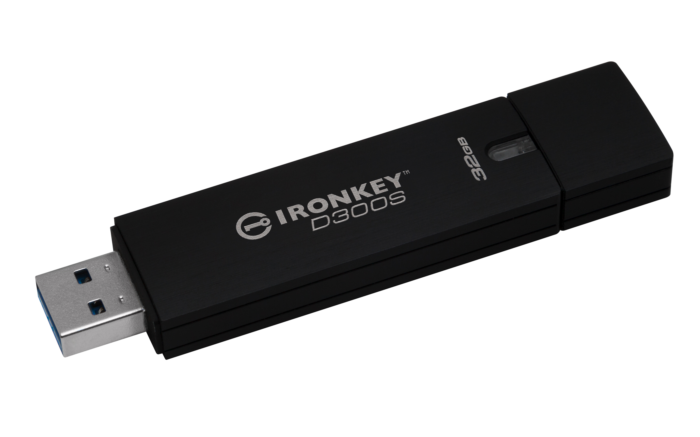 Chiavetta USB IronKey D300S nera. Ha una capacità di 32 GB.
