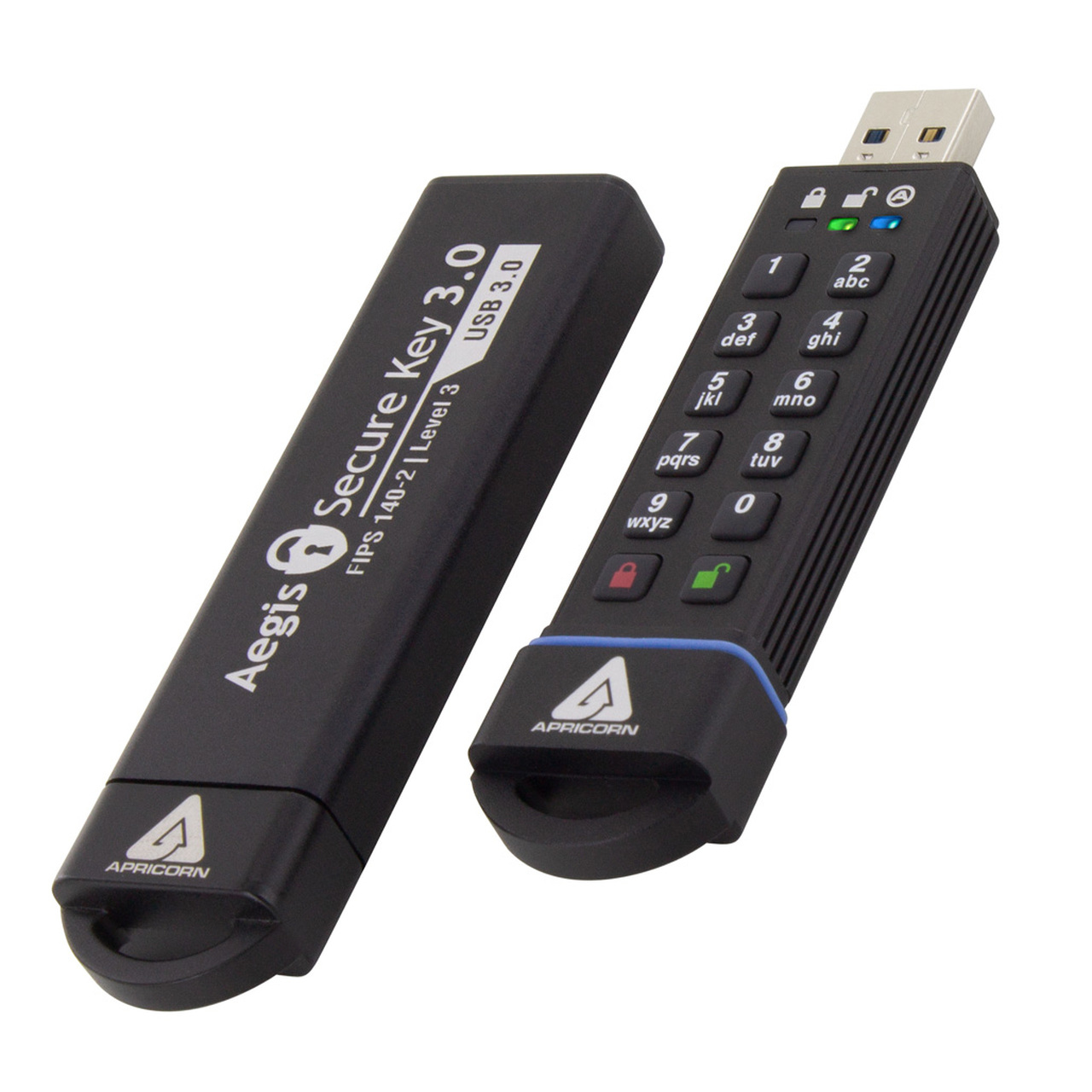 Schwarzes Apricorn Aegis Secure Key 3.0 USB-Laufwerk mit Tastatur und separatem schwarzem Schlüssel.