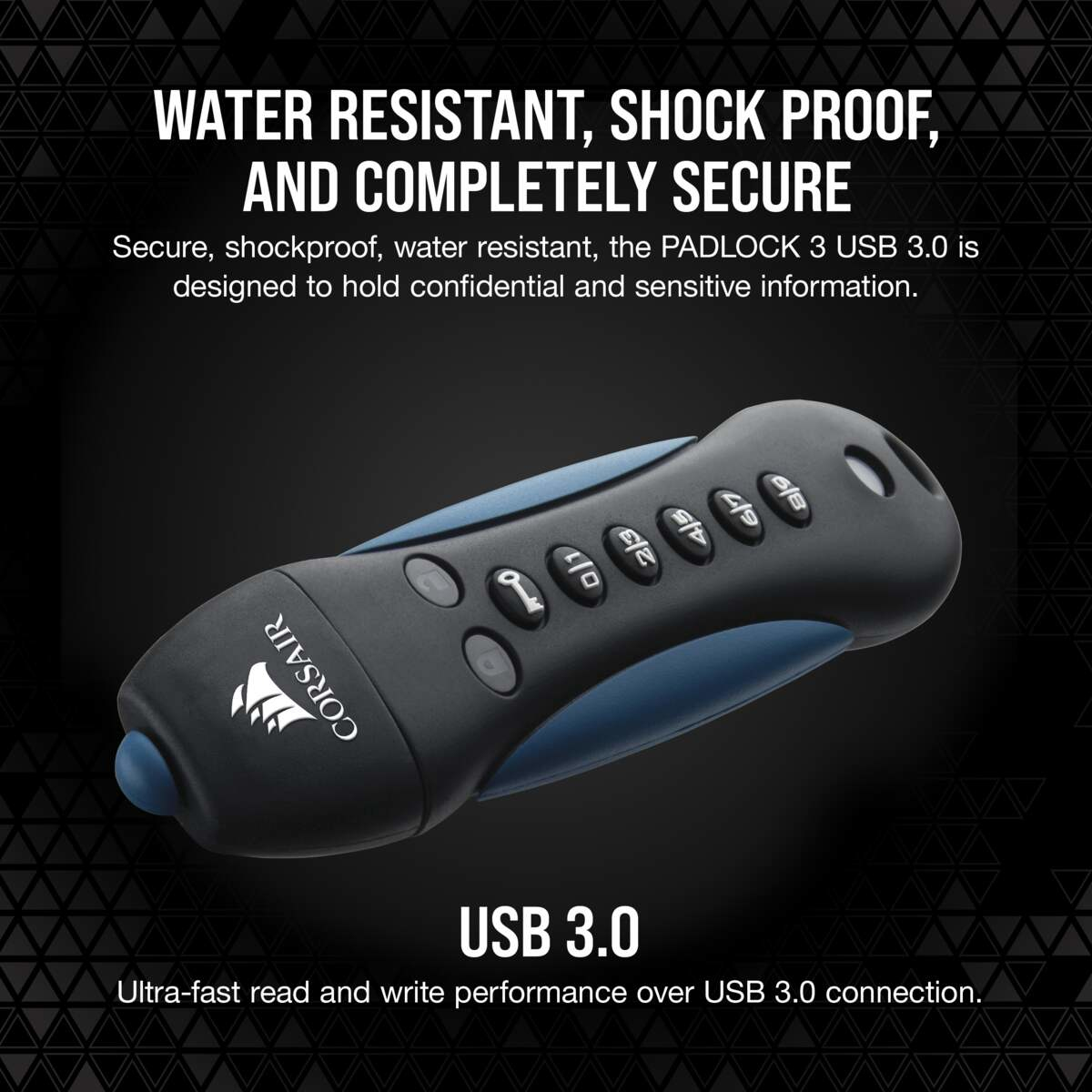 Czarny pendrive Corsair z niebieskimi akcentami, przyciskami i logo. Tekst: USB 3.0.