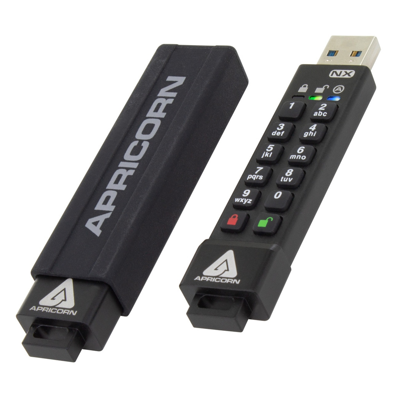Chiavetta USB Apricorn nera con tastierino. L'altro è un case.