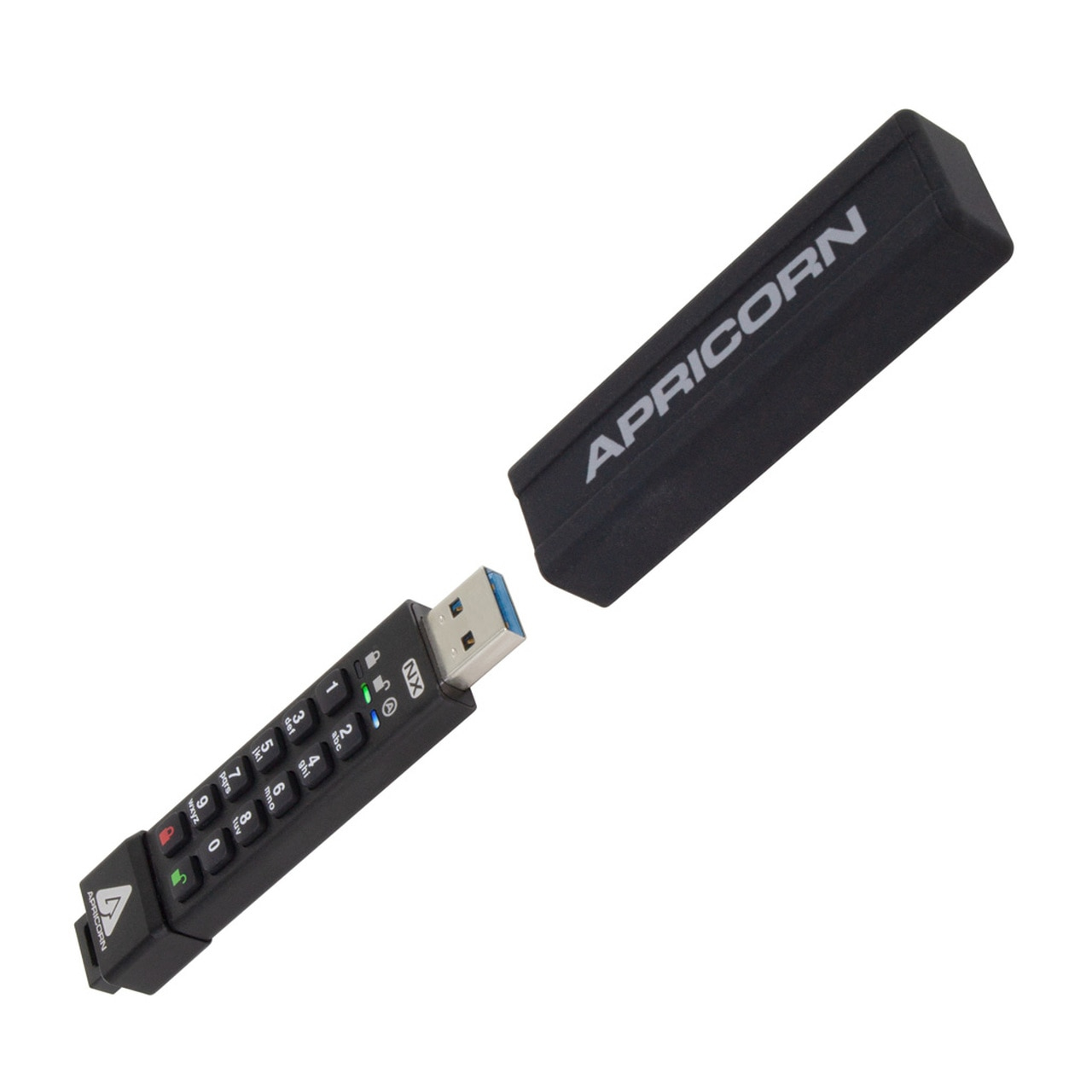 Chiavetta USB Apricorn nera, con coperchio rimosso, su bianco.