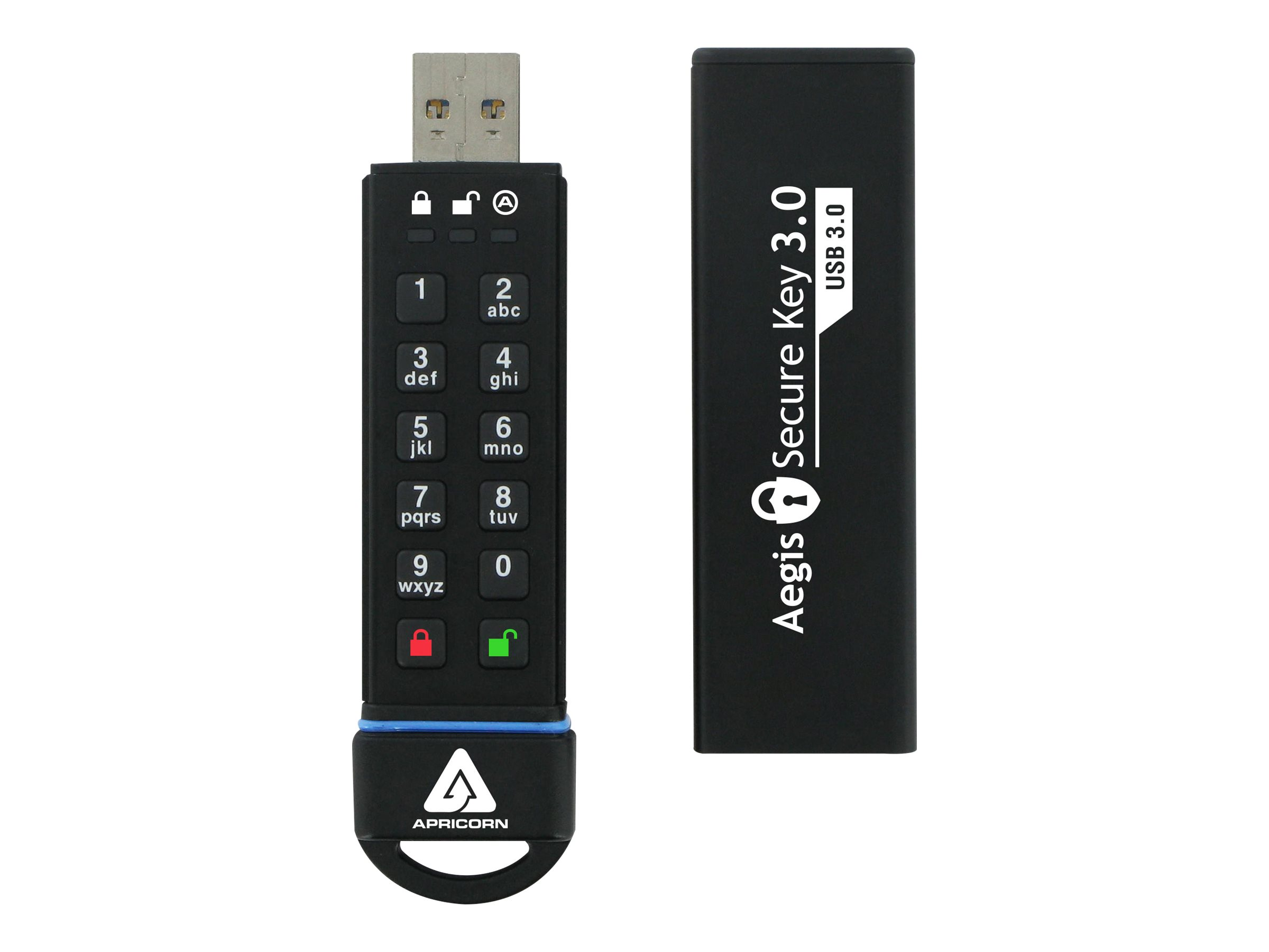 Czarny pendrive Apricorn Aegis Secure Key z klawiaturą numeryczną.