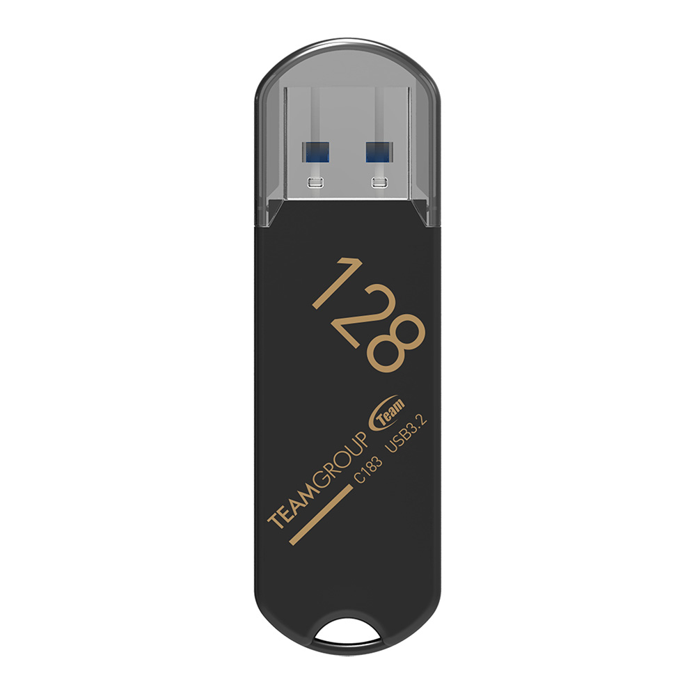 Czarny i złoty pendrive USB 3.2 TeamGroup z przezroczystą plastikową osłoną, pokazujący pojemność 128.