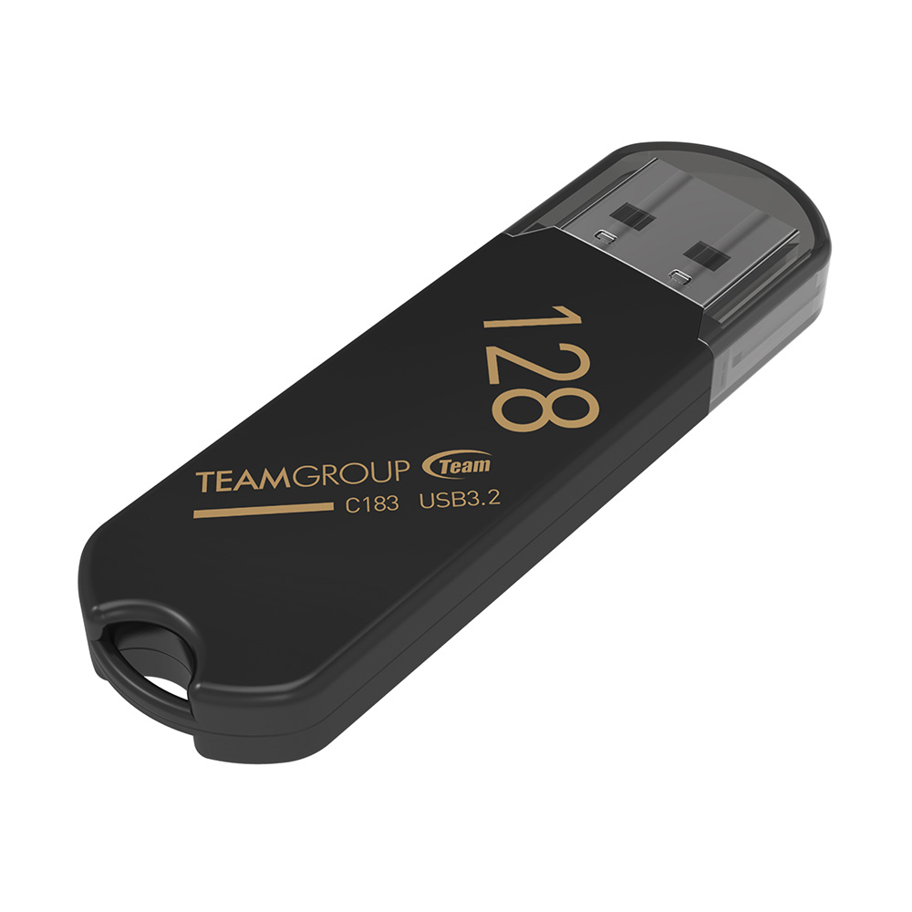 Czarny pendrive z złotym tekstem, 128GB. Przezroczysta nasadka na końcu USB. Białe tło.