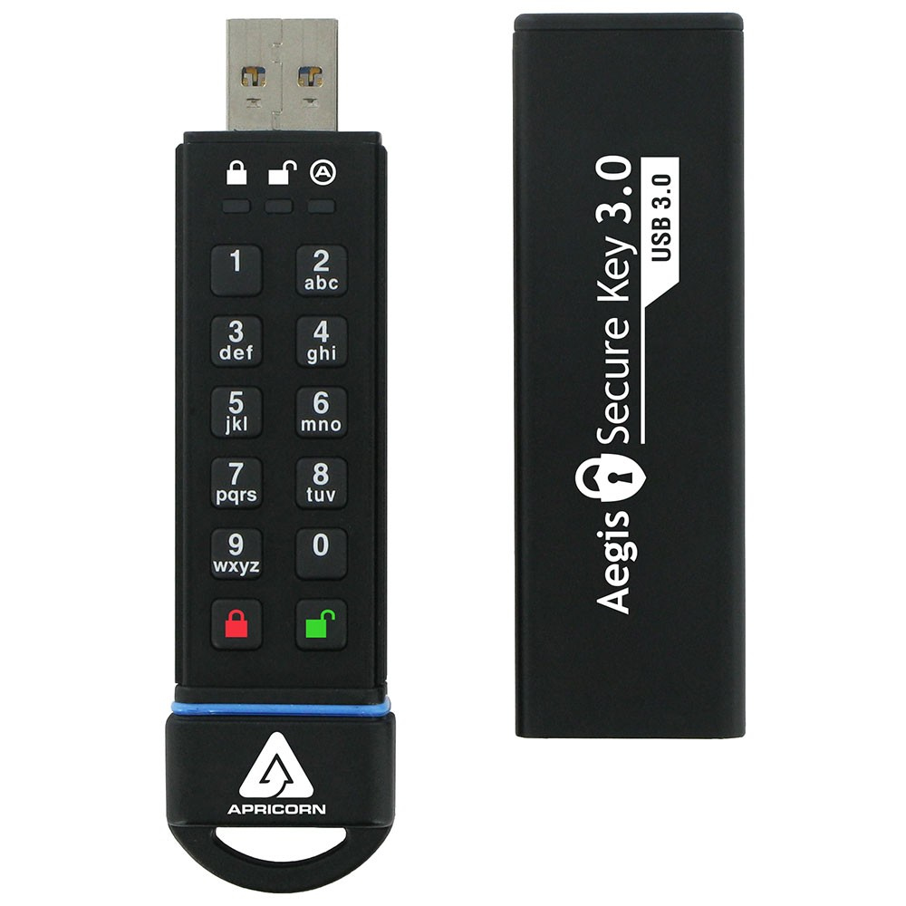Zwarte Apricorn USB-drive met numeriek toetsenbord en zwarte dop, witte achtergrond.