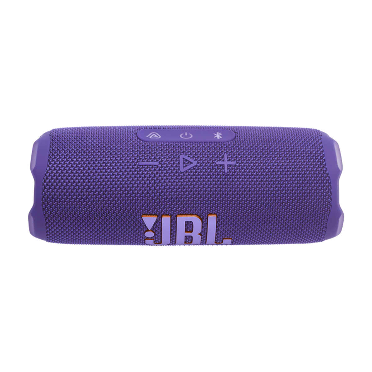 Fioletowy głośnik JBL, widok z przodu. Przyciski na górze, logo JBL z przodu. Czarne tło.