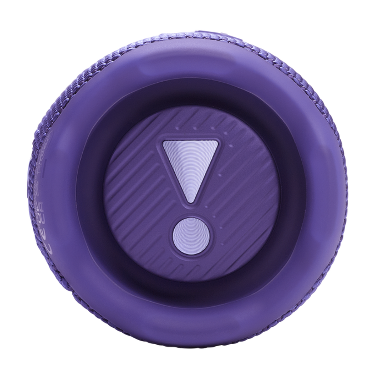 Fioletowy okrągły głośnik z białym znakiem wykrzyknienia pośrodku.
