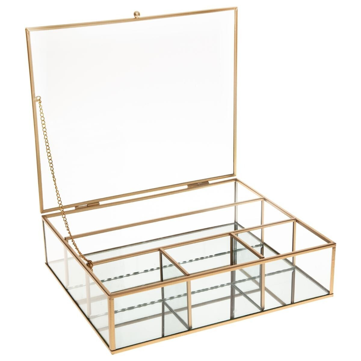 Goldgerahmte Glasbox mit mehreren Fächern. Deckel offen. Klares Glas und goldener Rahmen.