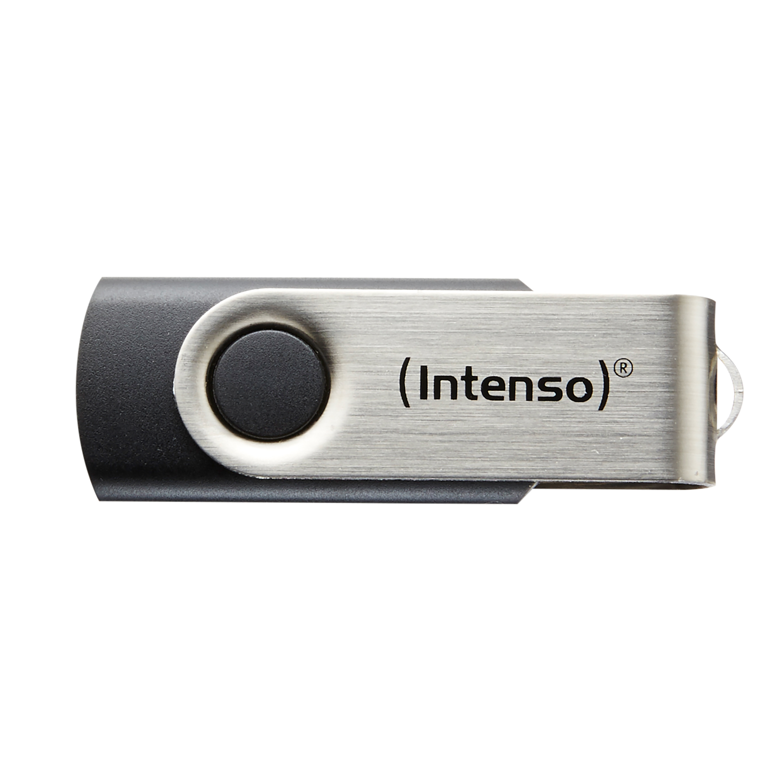 Chiavetta USB Intenso. Argento e nero. Anello argentato all'estremità per il fissaggio. Sfondo bianco.
