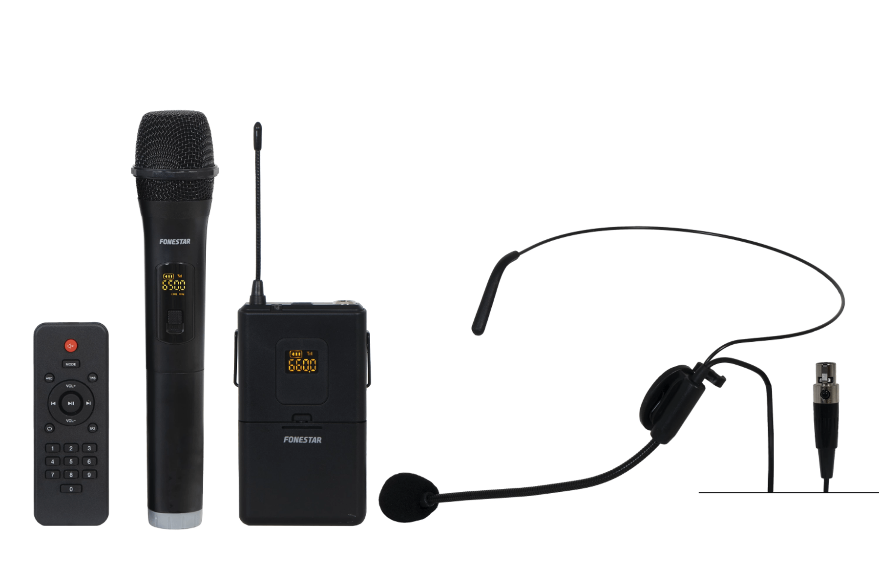 Set microfono wireless nero con telecomando, ricevitore e microfono a cuffia.