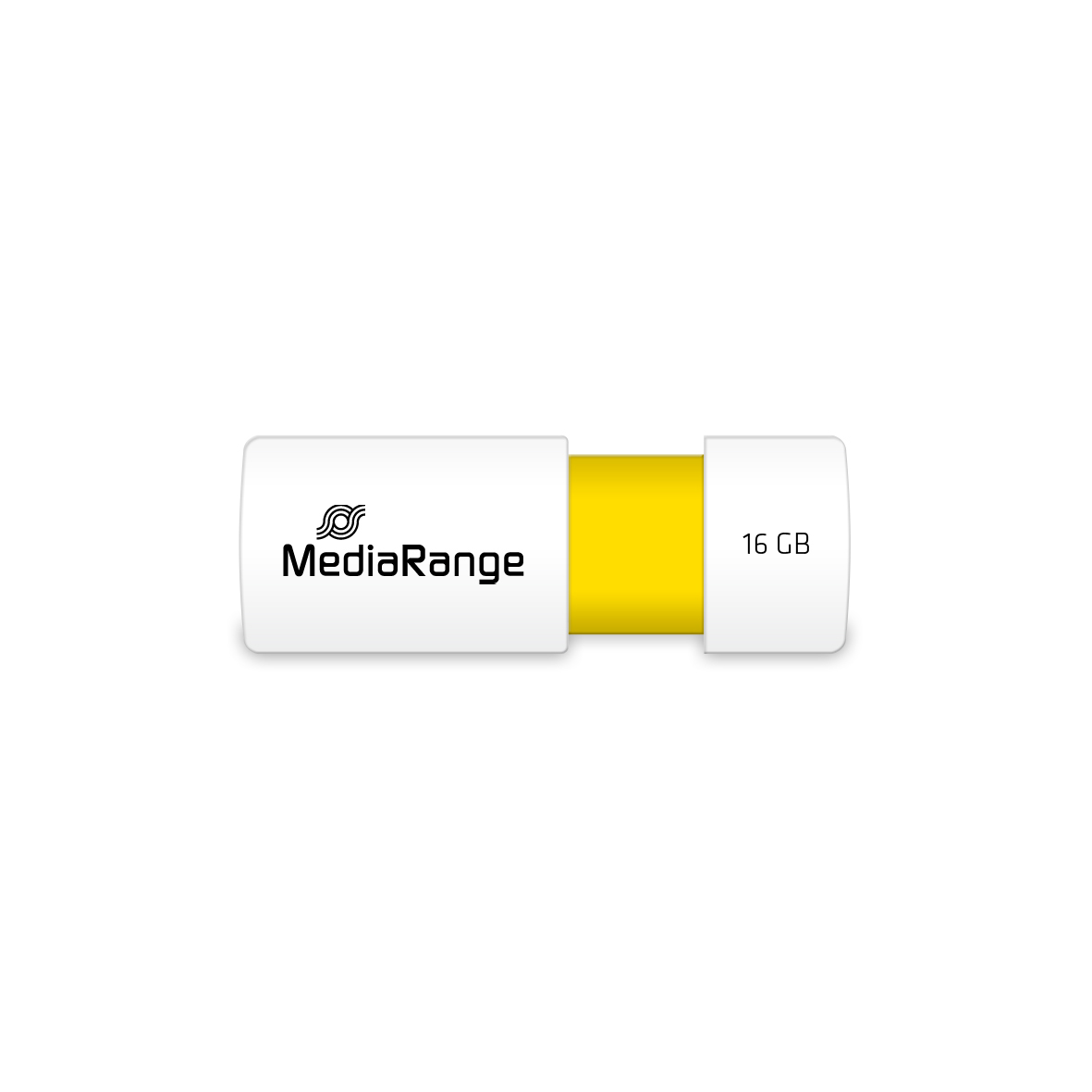 Biało-żółty pendrive MediaRange 16 GB na białym tle.