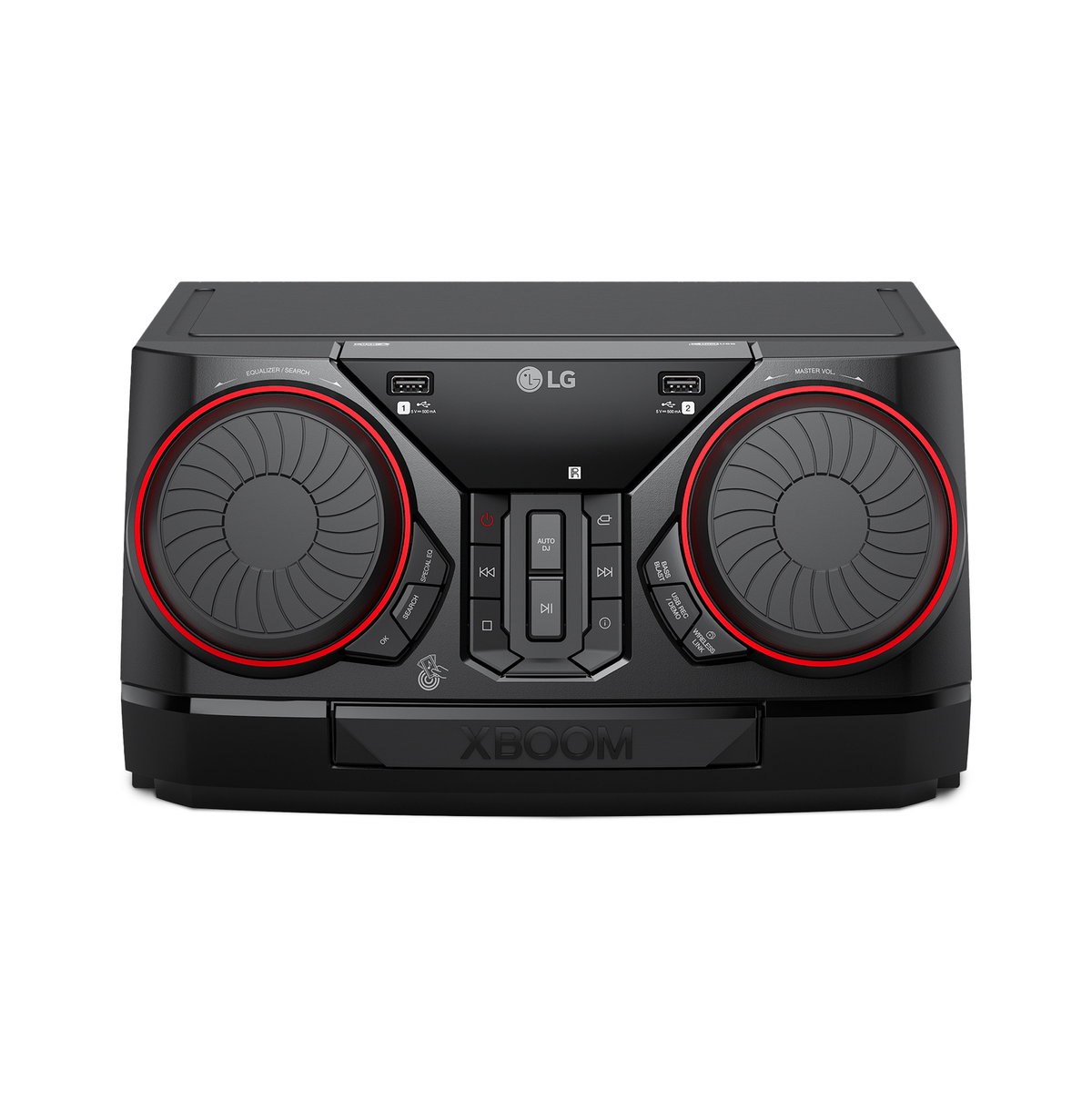 Schwarzes LG XBOOM Audiosystem mit roten Akzenten. Knöpfe, Tasten und ein Display sind sichtbar.