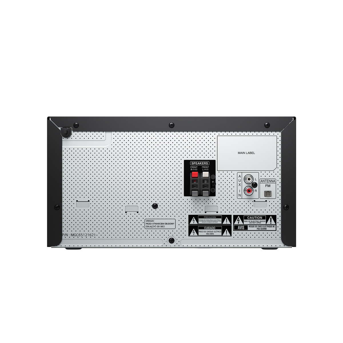 Rückwand eines schwarz-silbernen Stereo-Receivers. Mit Lautsprecher-, Aux-In- und Antennenanschlüssen.