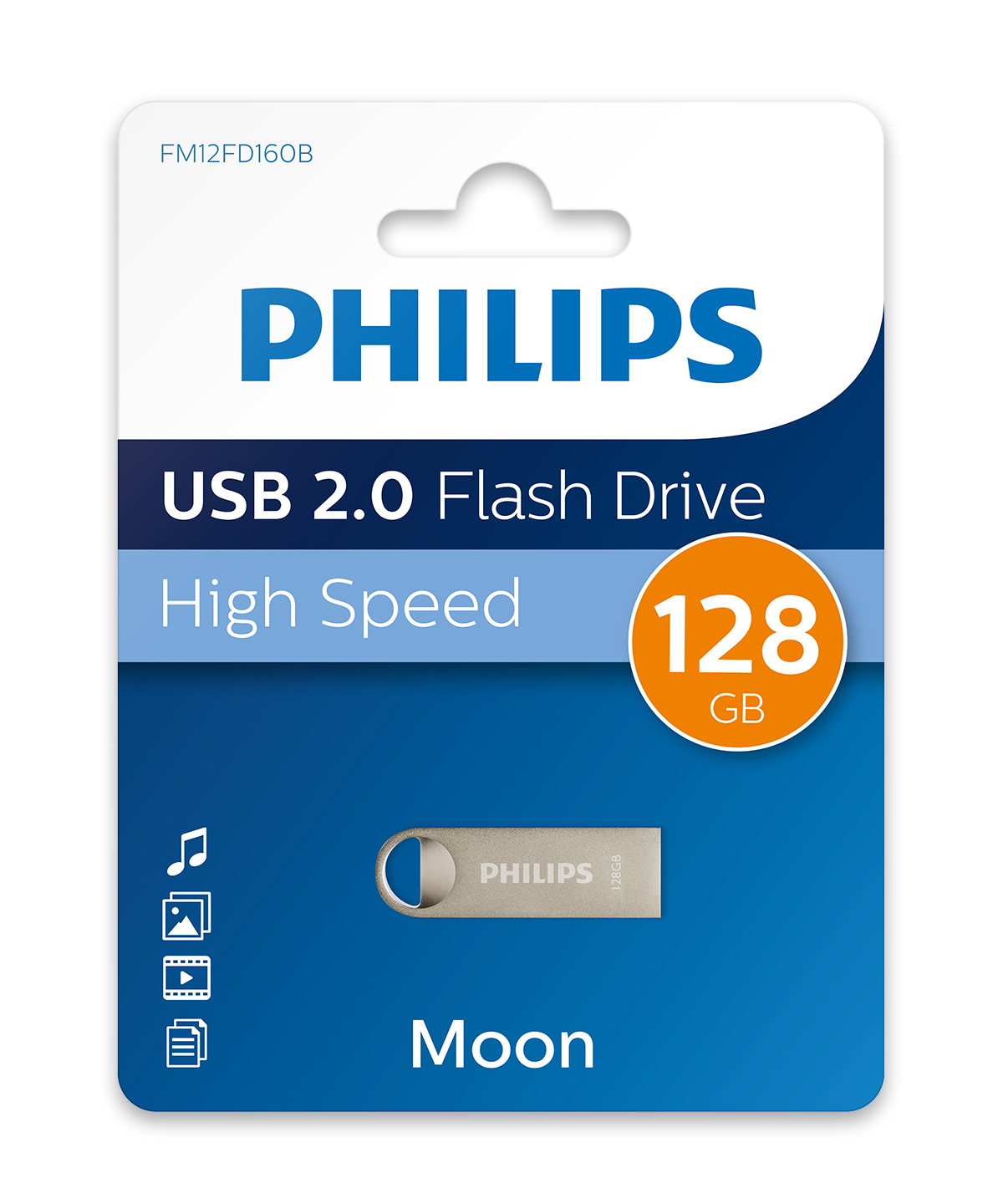 Opakowanie pendrive USB 2.0 Philips. Dysk jest srebrny. Opakowanie jest niebiesko-białe.