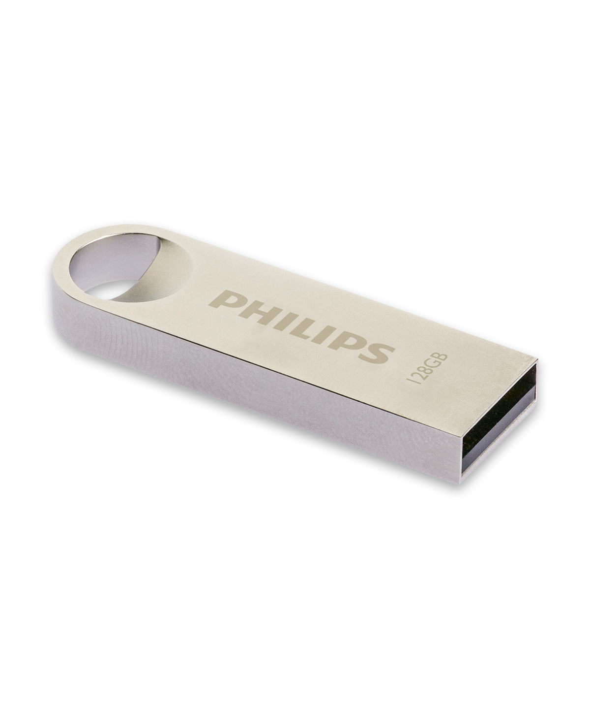 Srebrny pendrive USB z napisem 'PHILIPS 128GB'. Ma pętlę na końcu.